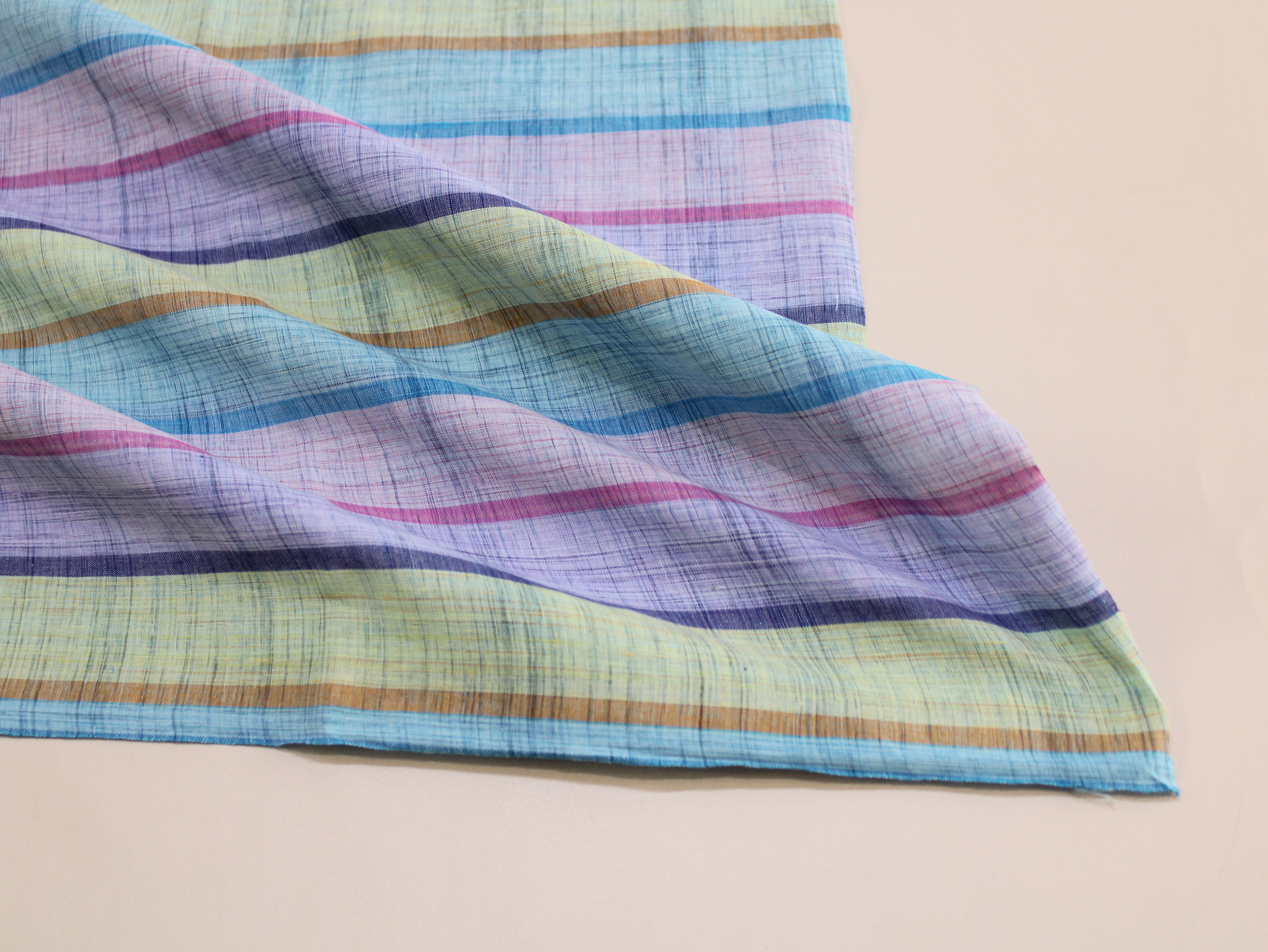Pure Cotton Handloom Multicolour Stripe Fabric | Blue Purple Green Pink | 44 Inch | Non-Washed | 100 GSM