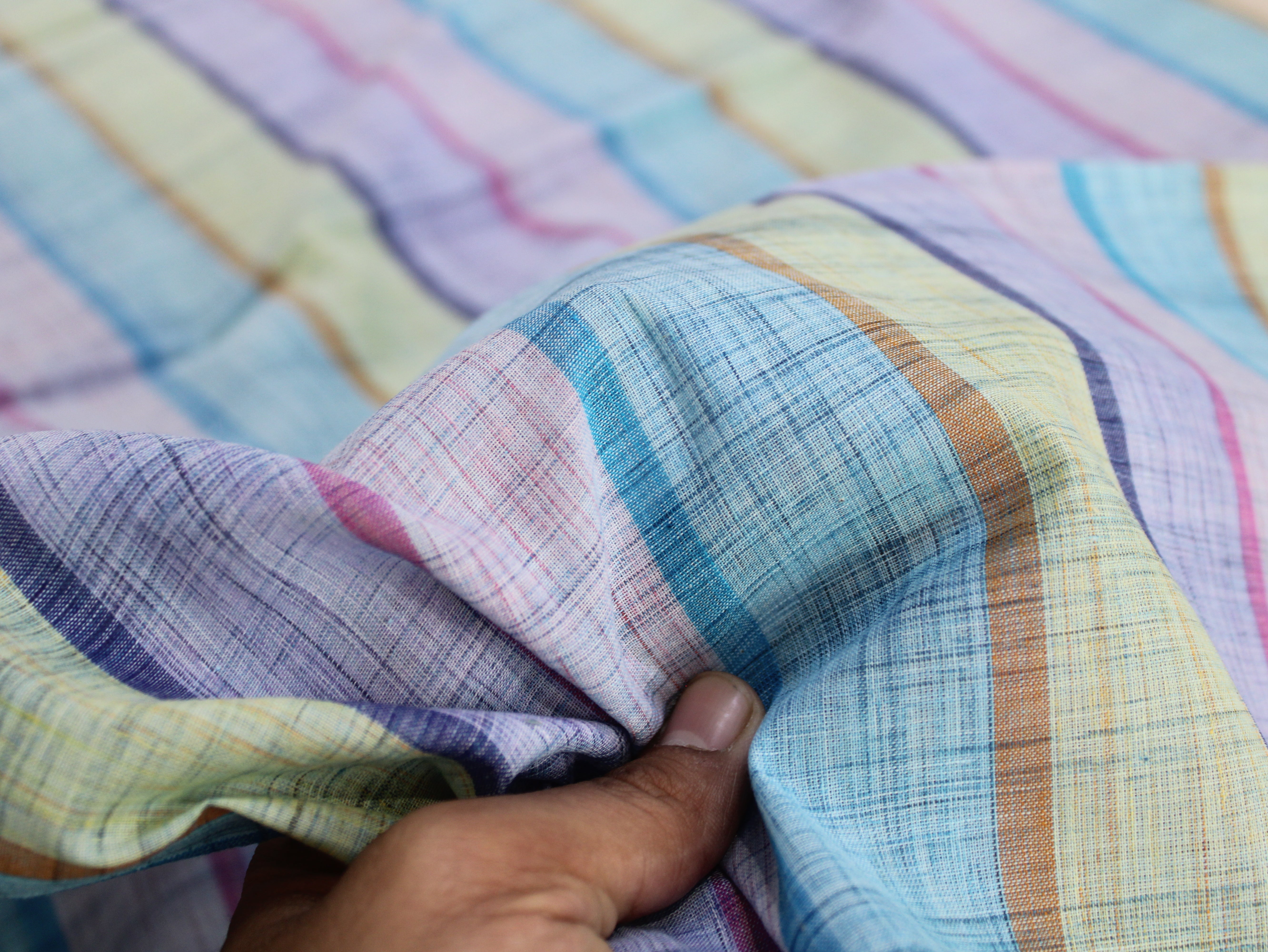 Pure Cotton Handloom Multicolour Stripe Fabric | Blue Purple Green Pink | 44 Inch | Non-Washed | 100 GSM