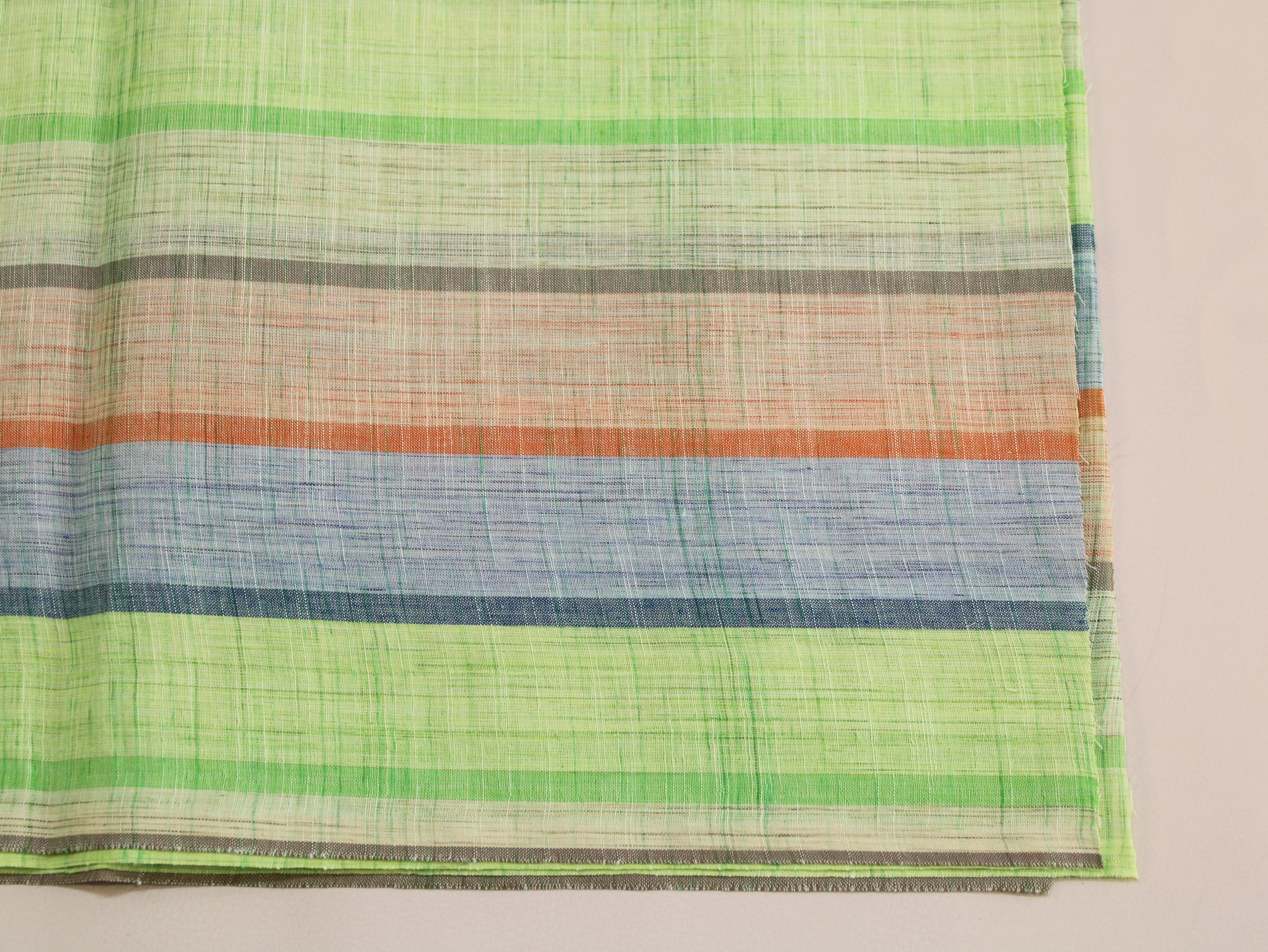 Pure Cotton Handloom Multicolour Stripe Fabric | Green Blue Orange | 44 Inch | Non-Washed | 100 GSM
