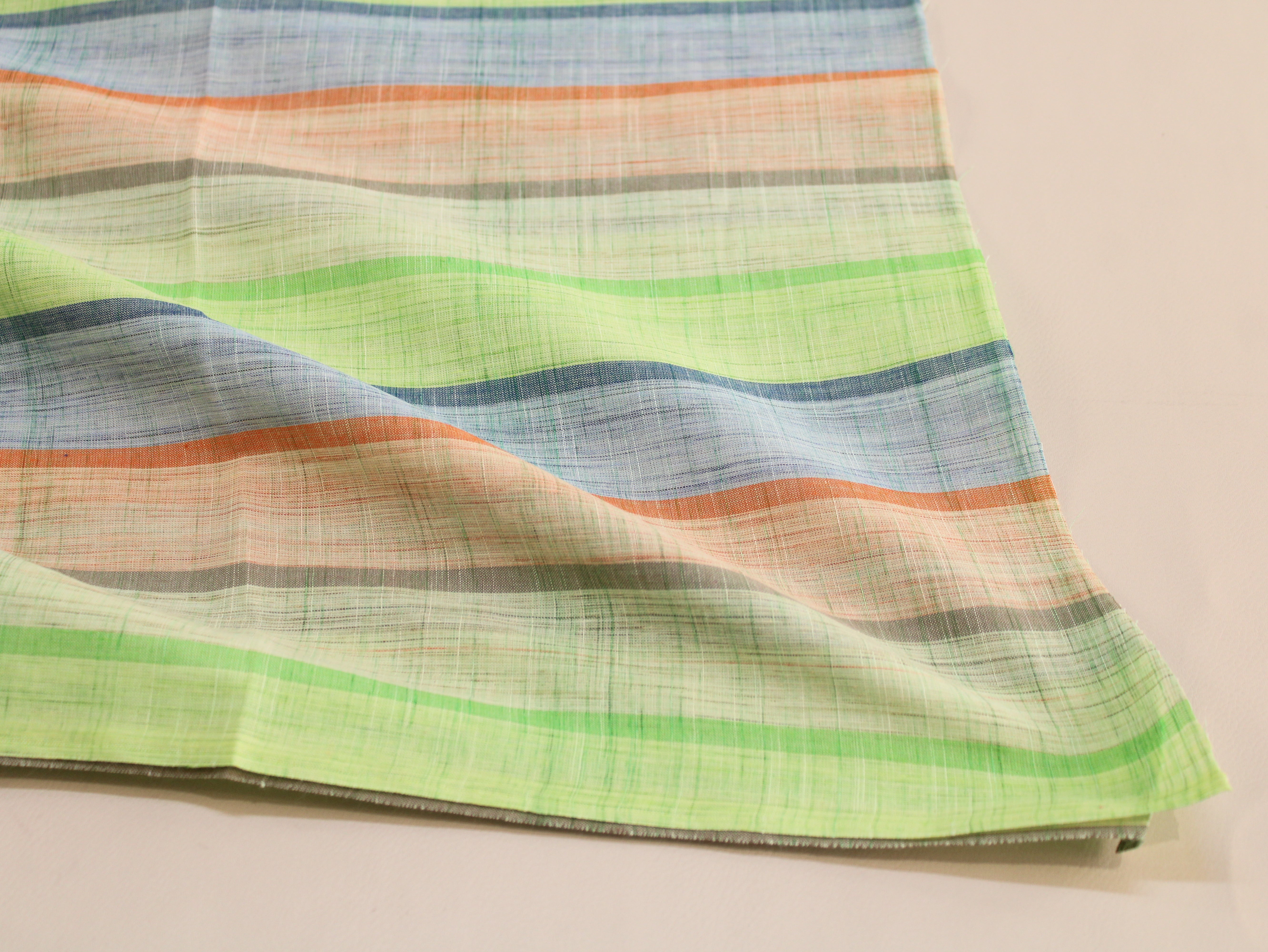 Pure Cotton Handloom Multicolour Stripe Fabric | Green Blue Orange | 44 Inch | Non-Washed | 100 GSM