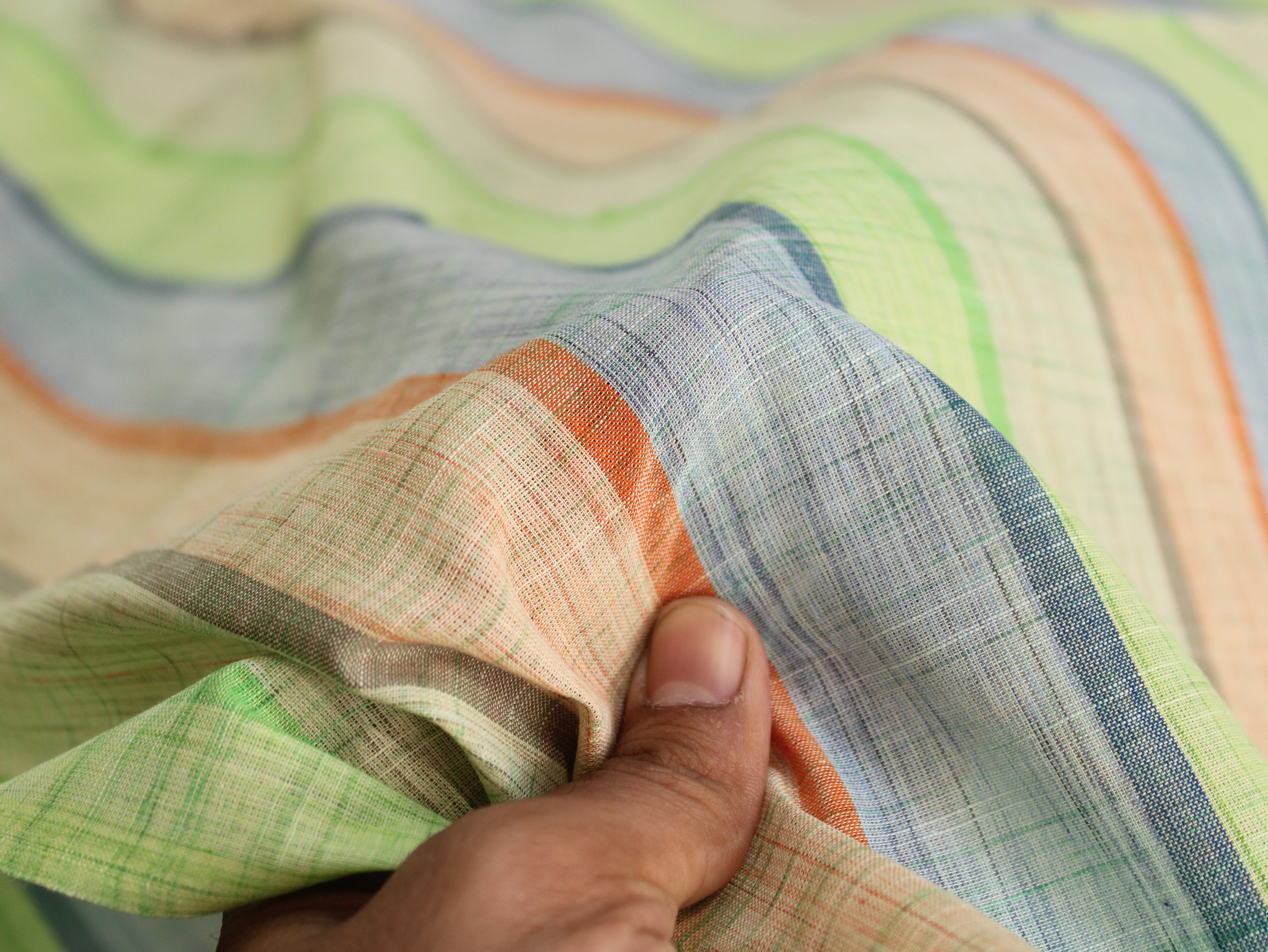 Pure Cotton Handloom Multicolour Stripe Fabric | Green Blue Orange | 44 Inch | Non-Washed | 100 GSM