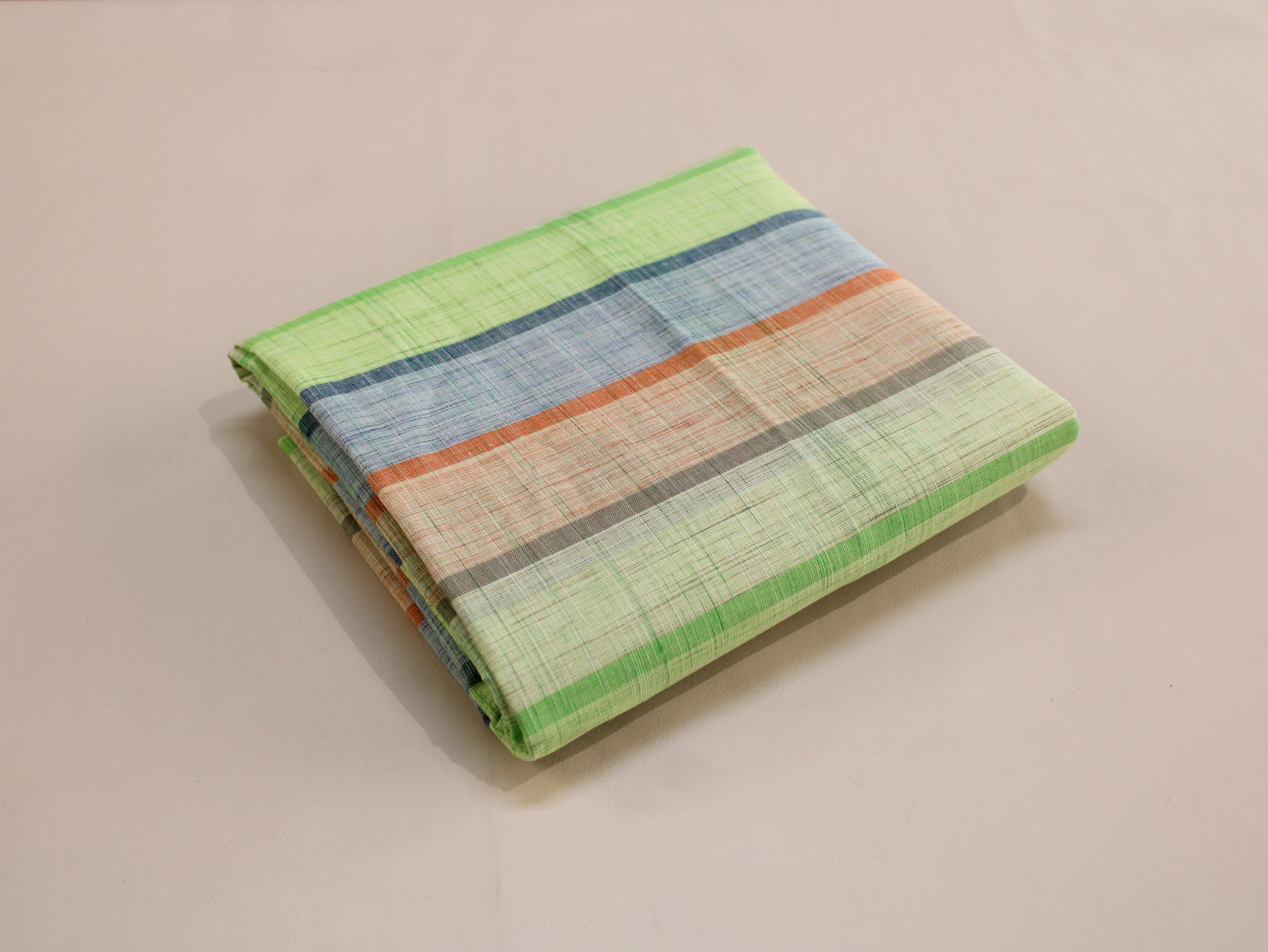 Pure Cotton Handloom Multicolour Stripe Fabric | Green Blue Orange | 44 Inch | Non-Washed | 100 GSM