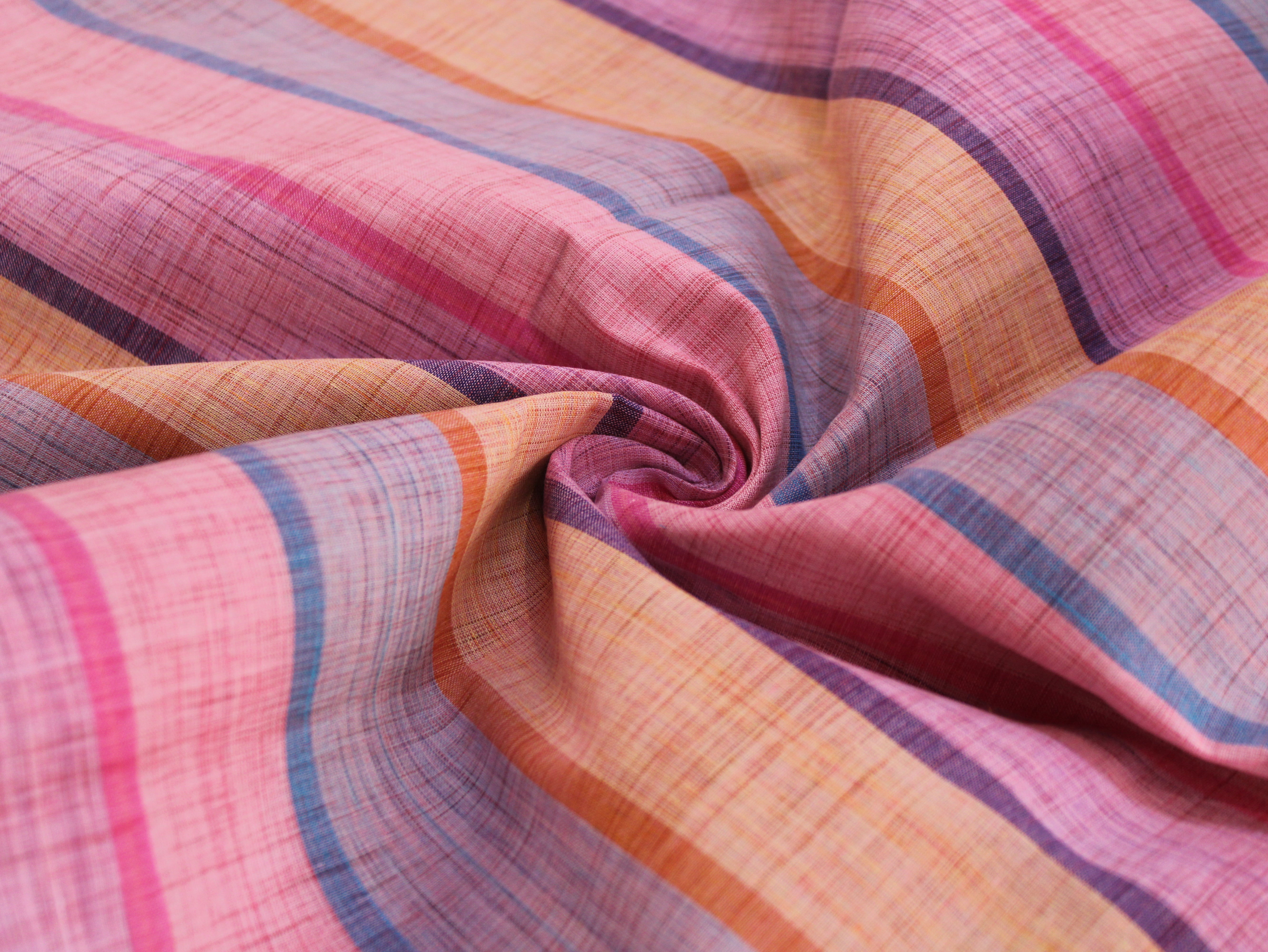 Pure Cotton Handloom Multicolour Stripe Fabric | Pink Purple Blue Orange | 44 Inch | Non-Washed | 100 GSM