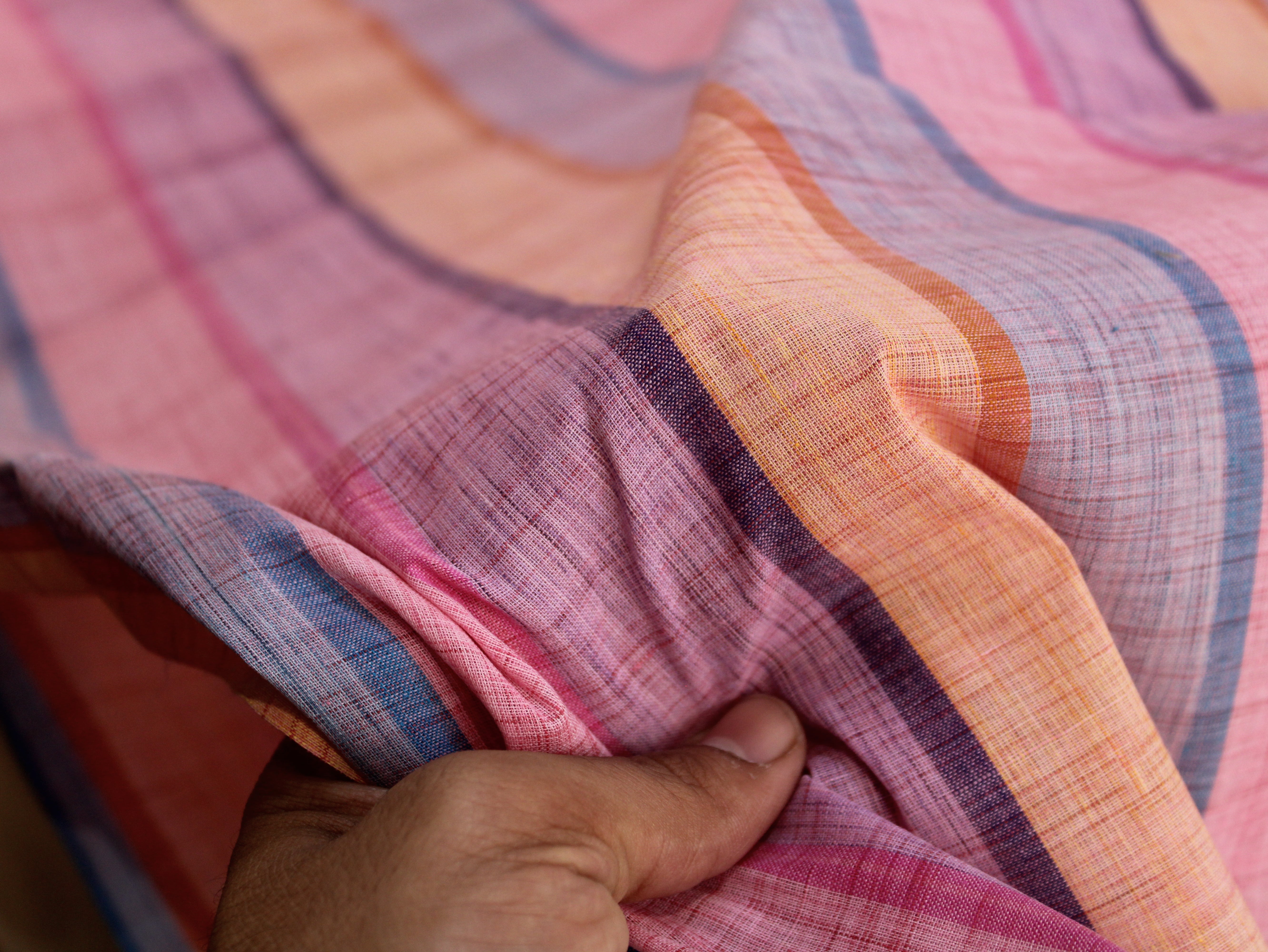 Pure Cotton Handloom Multicolour Stripe Fabric | Pink Purple Blue Orange | 44 Inch | Non-Washed | 100 GSM