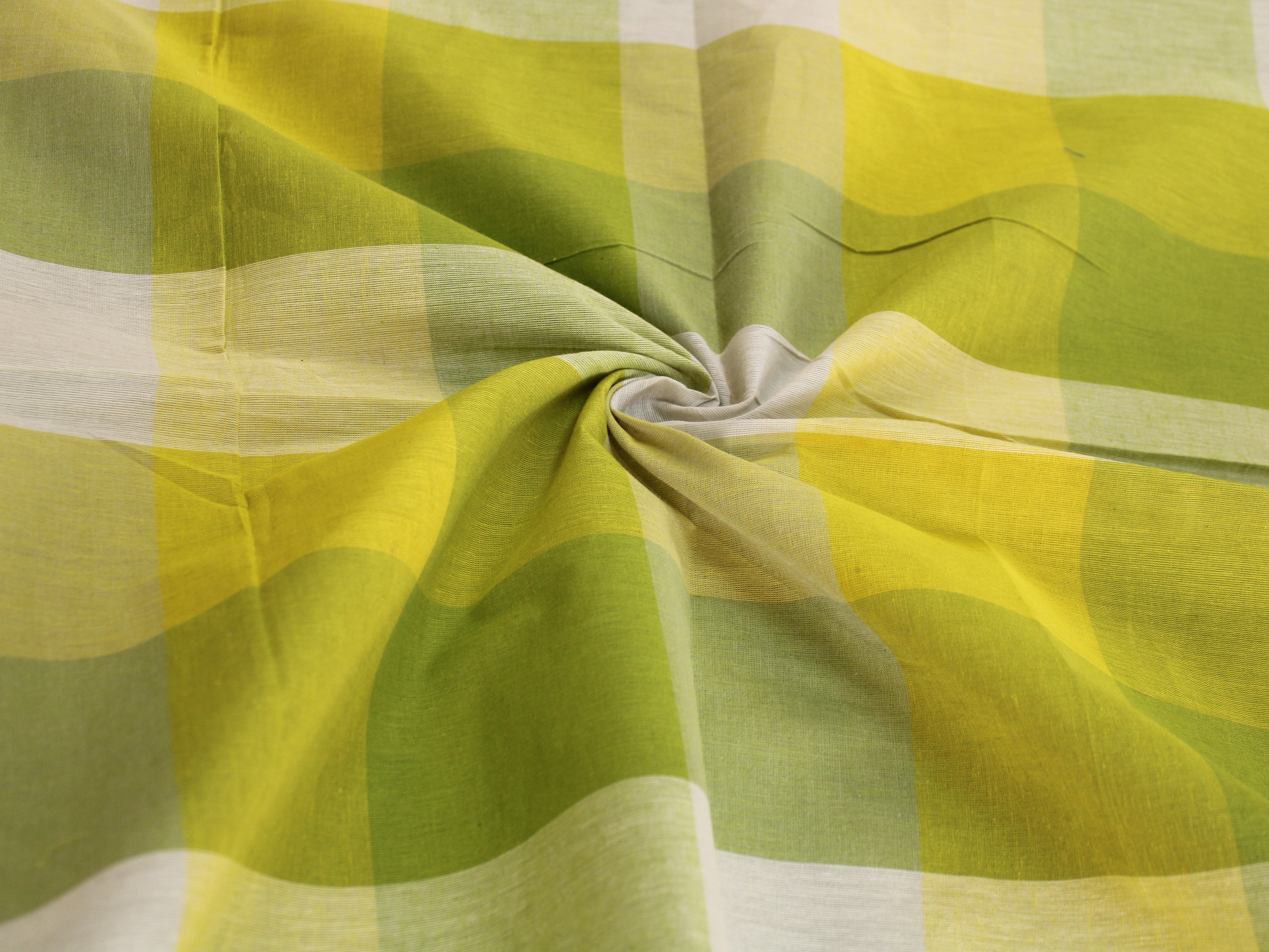 Handloom Madras Kattam Check Fabric | Green Yellow White | 60 Inch | Non-Washed | 100 GSM | 4x4 Inch Checks