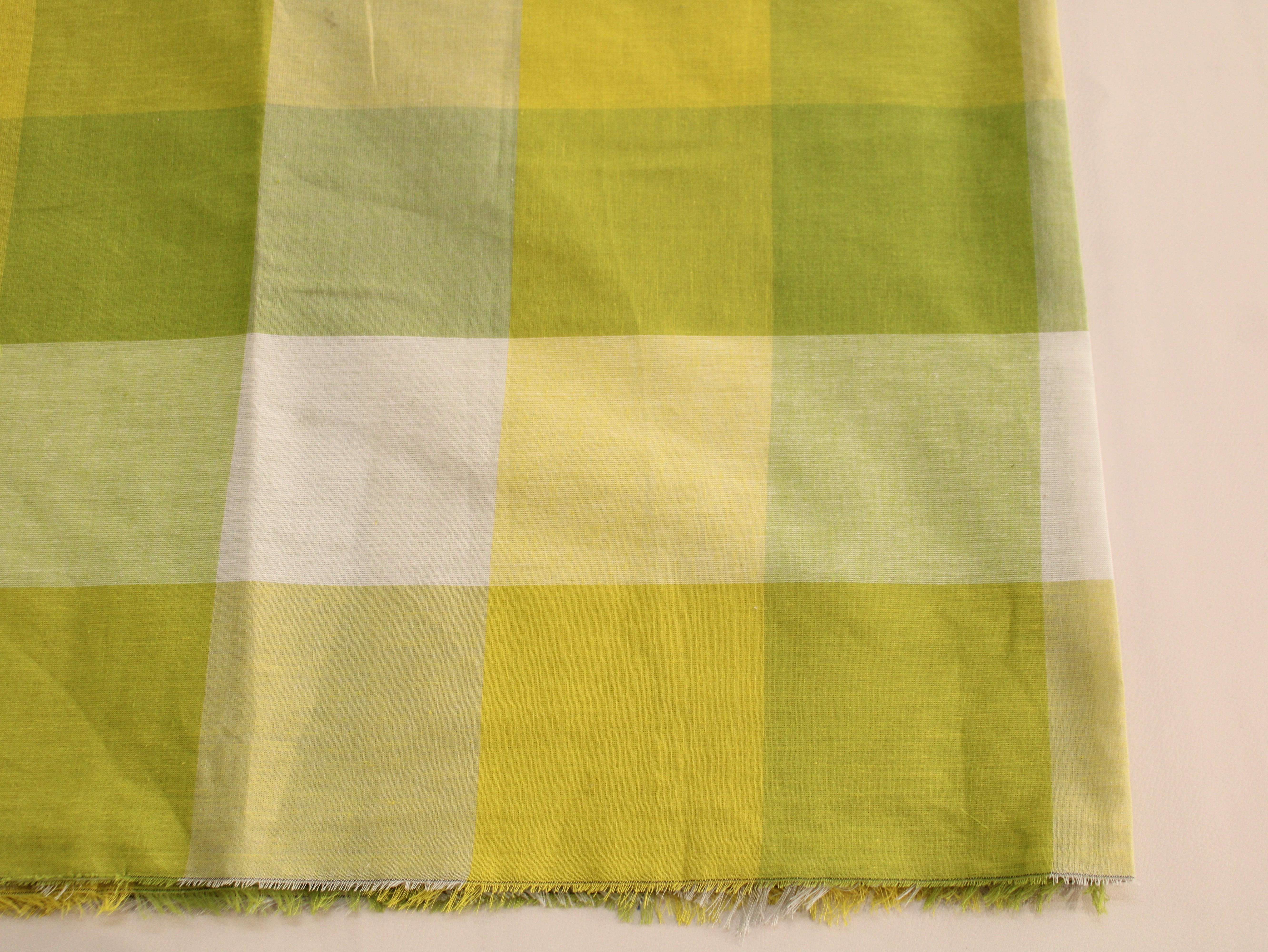Handloom Madras Kattam Check Fabric | Green Yellow White | 60 Inch | Non-Washed | 100 GSM | 4x4 Inch Checks