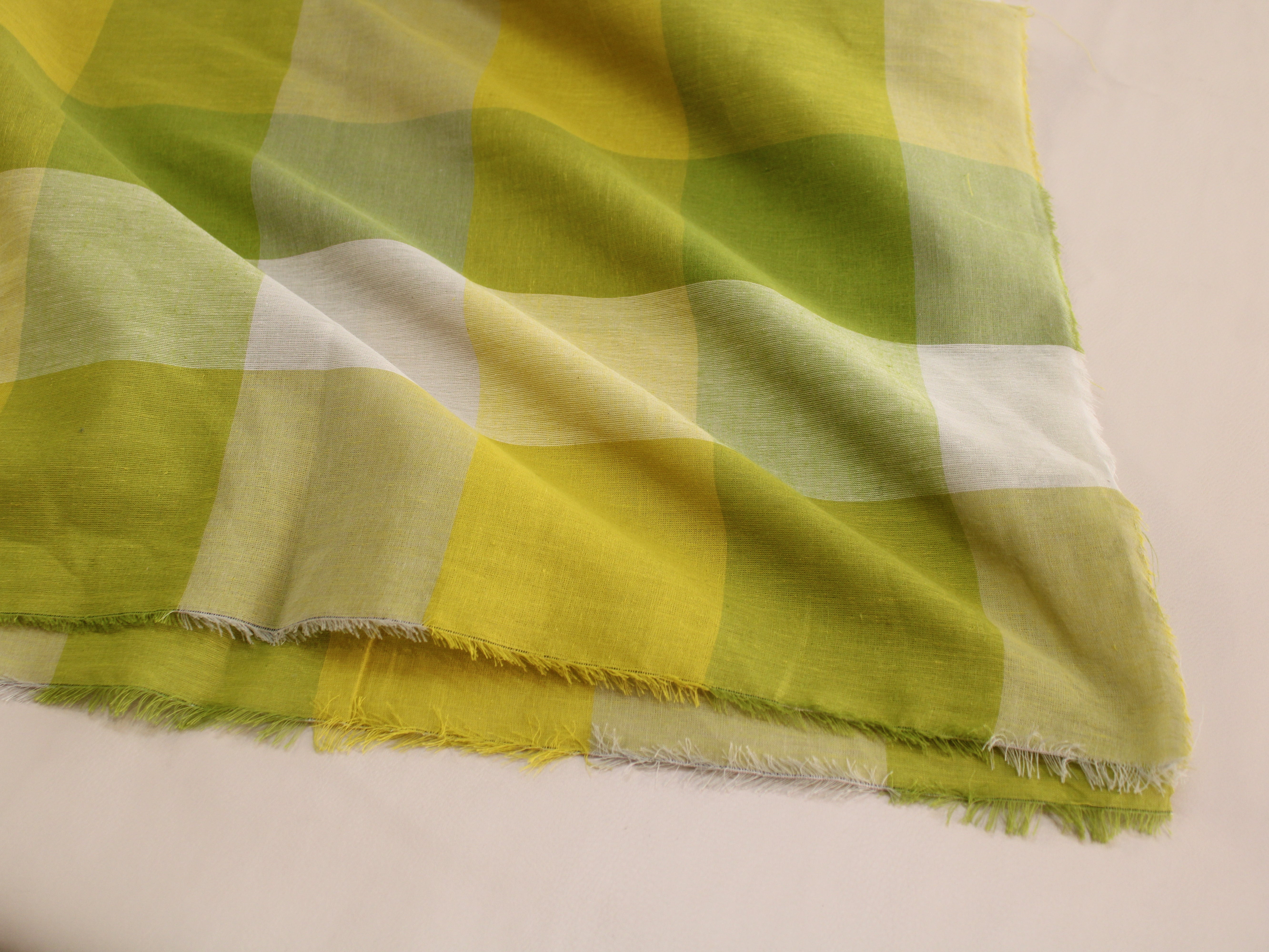 Handloom Madras Kattam Check Fabric | Green Yellow White | 60 Inch | Non-Washed | 100 GSM | 4x4 Inch Checks