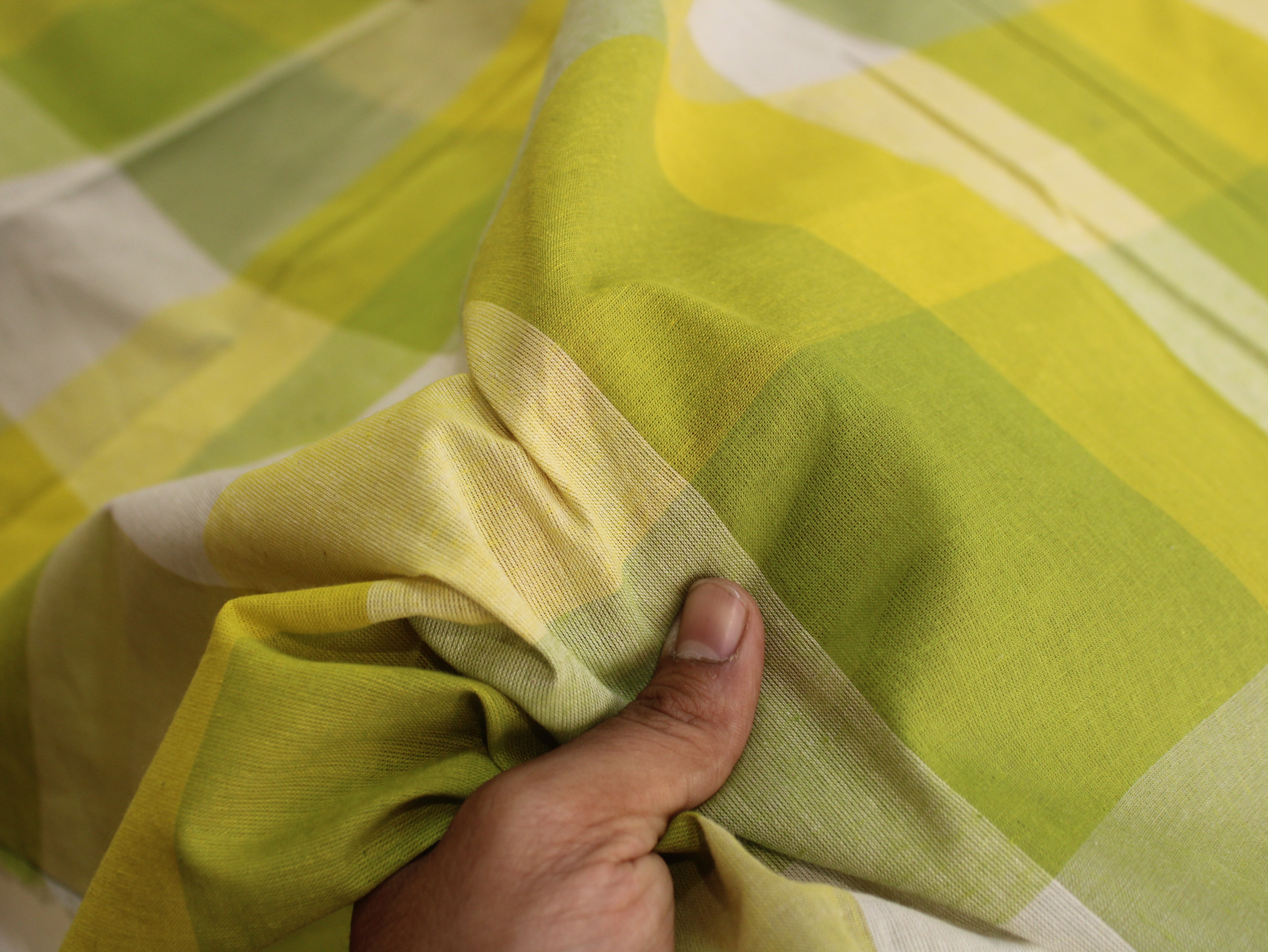 Handloom Madras Kattam Check Fabric | Green Yellow White | 60 Inch | Non-Washed | 100 GSM | 4x4 Inch Checks