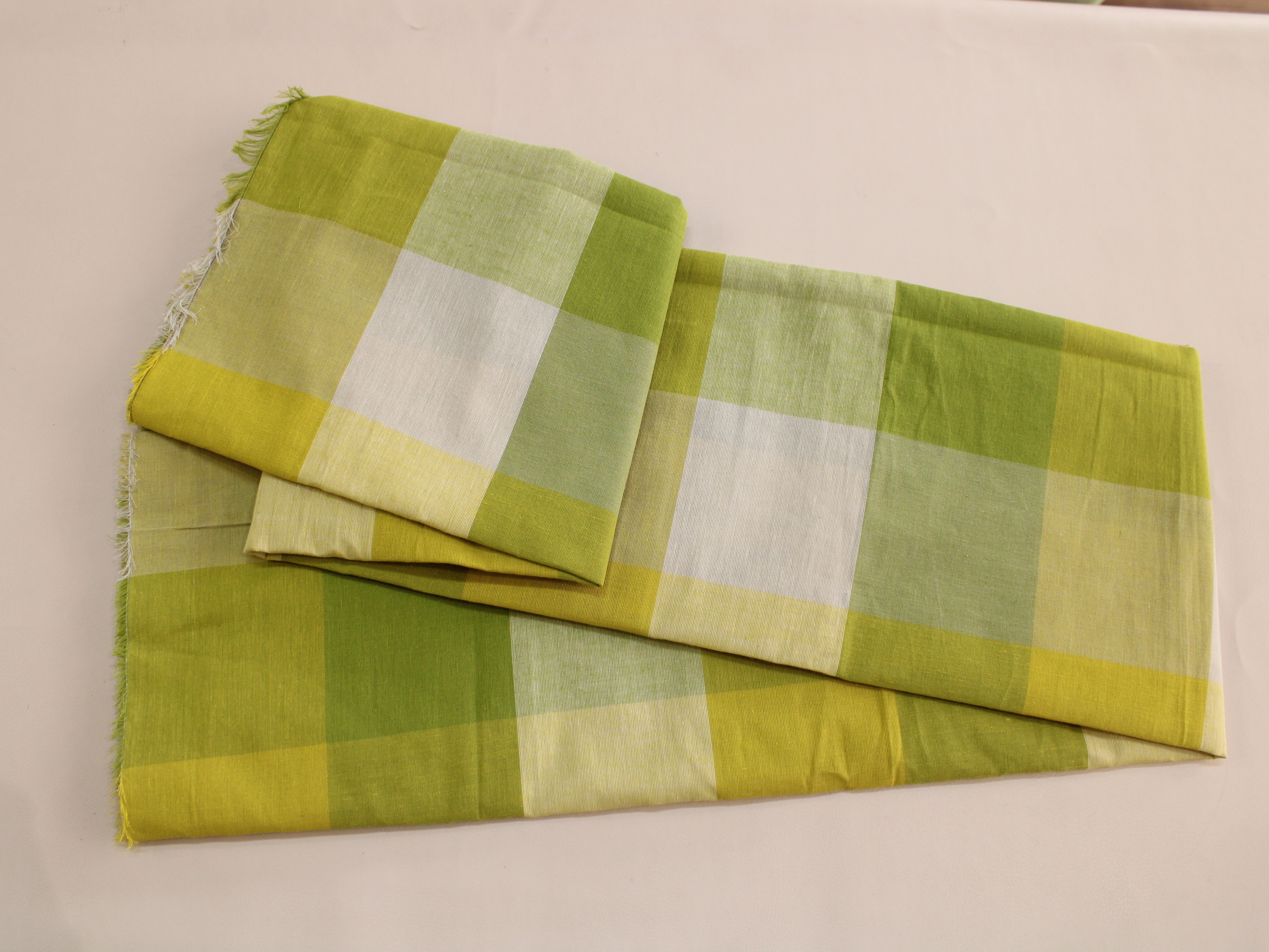 Handloom Madras Kattam Check Fabric | Green Yellow White | 60 Inch | Non-Washed | 100 GSM | 4x4 Inch Checks