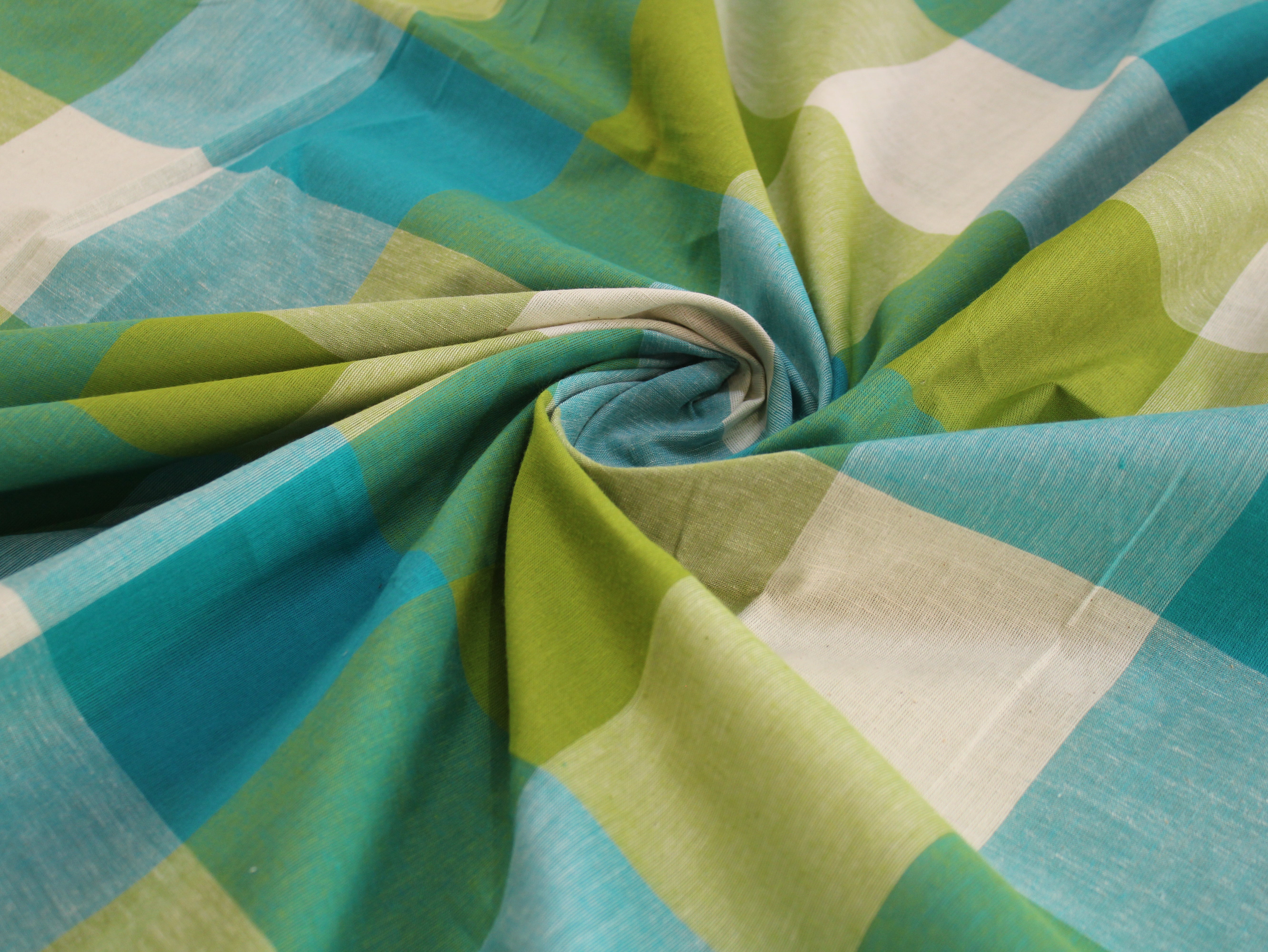 Handloom Madras Kattam Check Fabric | Aqua Green Lime White | 60 Inch | Non-Washed | 100 GSM | 4x4 Inch Checks