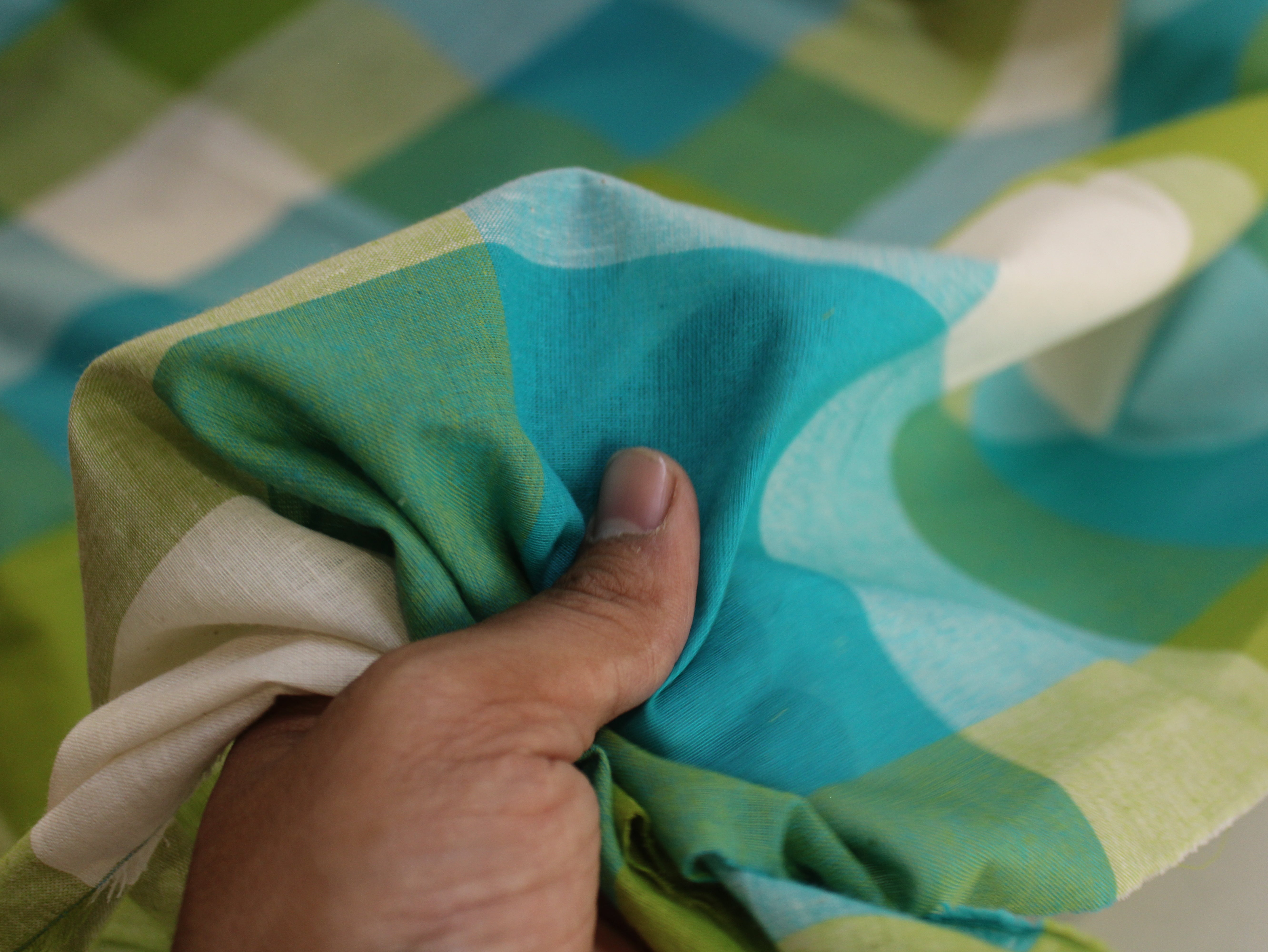 Handloom Madras Kattam Check Fabric | Aqua Green Lime White | 60 Inch | Non-Washed | 100 GSM | 4x4 Inch Checks