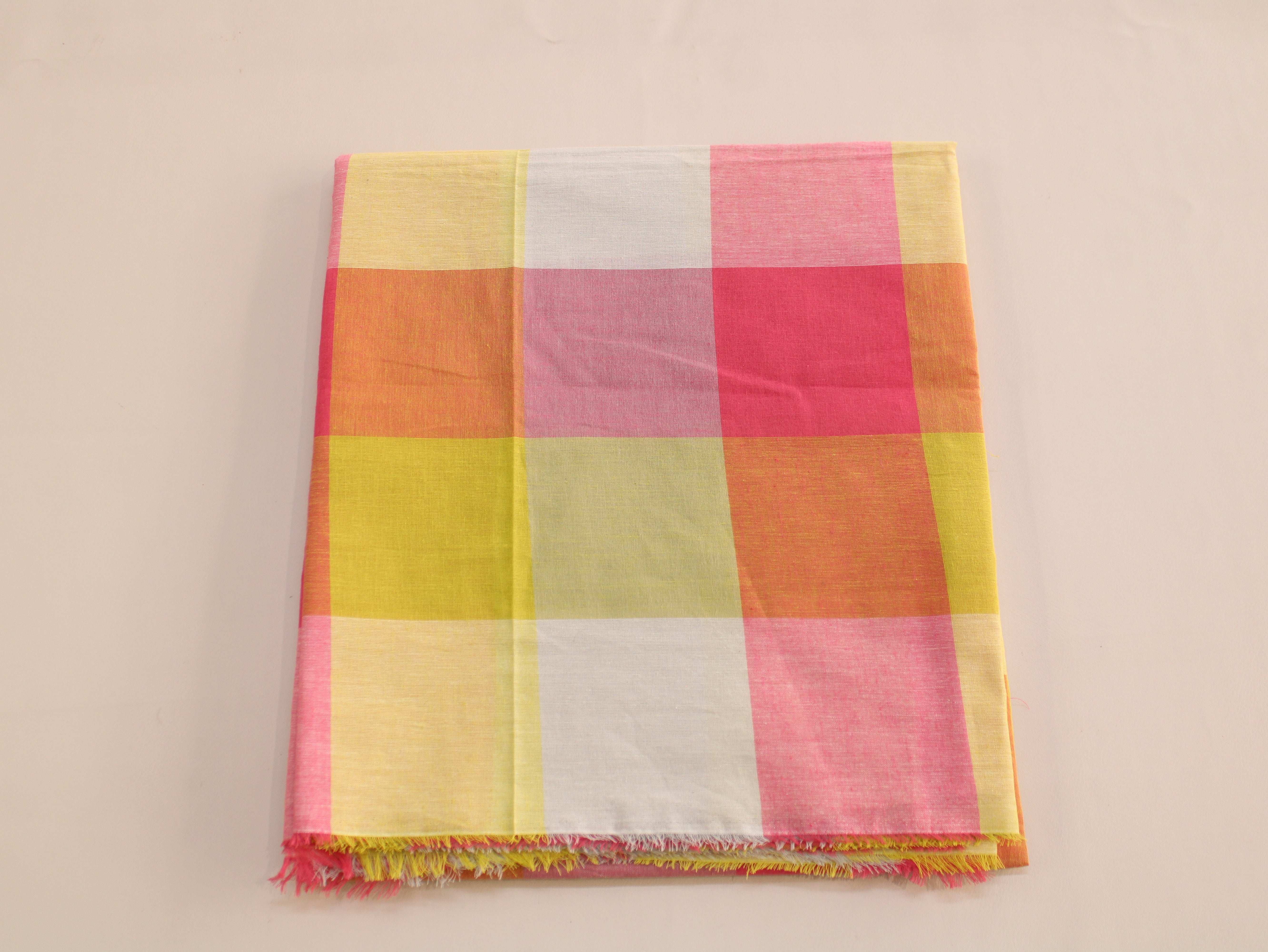 Handloom Madras Kattam Check Fabric | Pink Yellow Orange White | 60 Inch | Non-Washed | 100 GSM | 4x4 Inch Checks