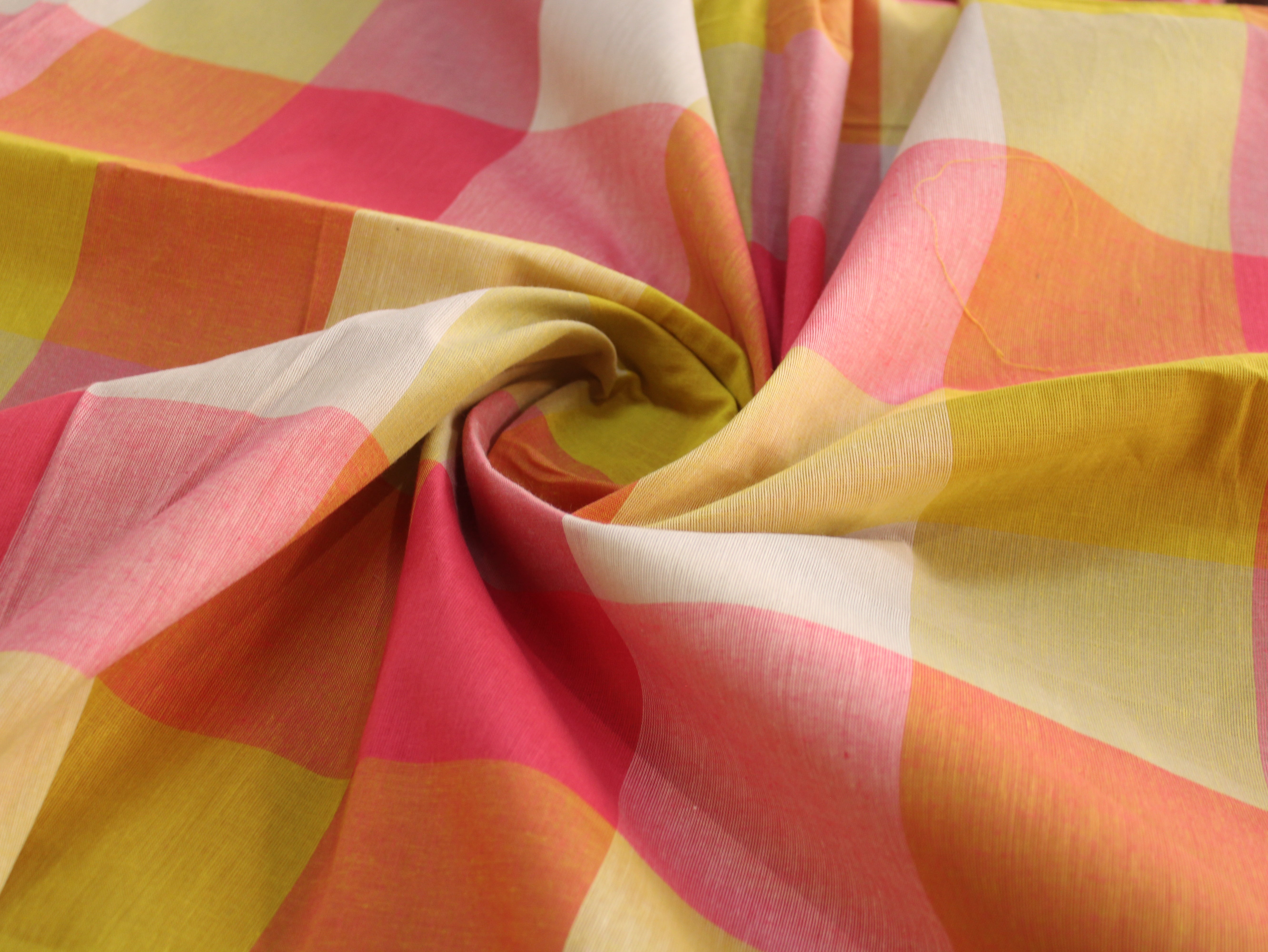 Handloom Madras Kattam Check Fabric | Pink Yellow Orange White | 60 Inch | Non-Washed | 100 GSM | 4x4 Inch Checks