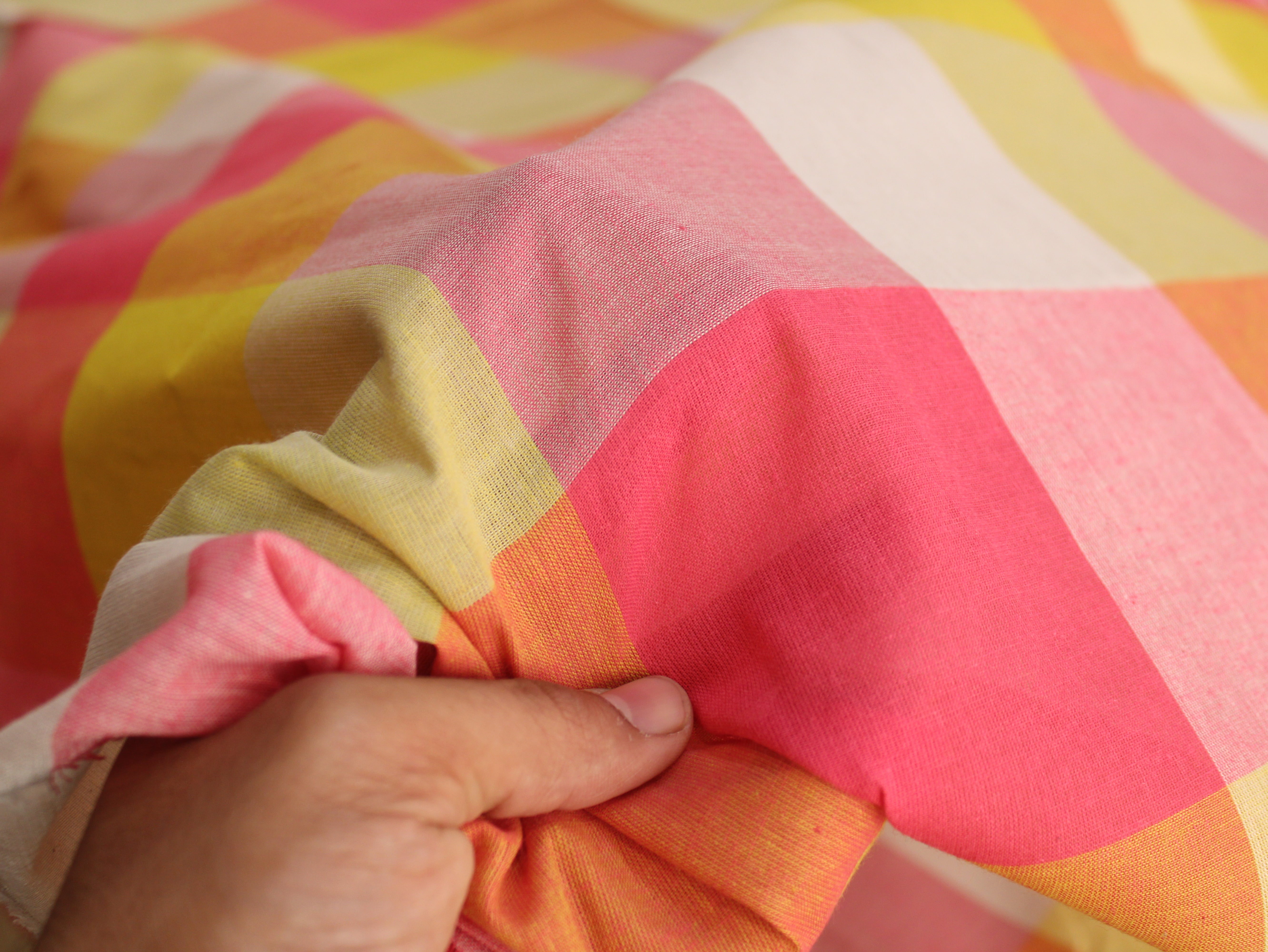Handloom Madras Kattam Check Fabric | Pink Yellow Orange White | 60 Inch | Non-Washed | 100 GSM | 4x4 Inch Checks