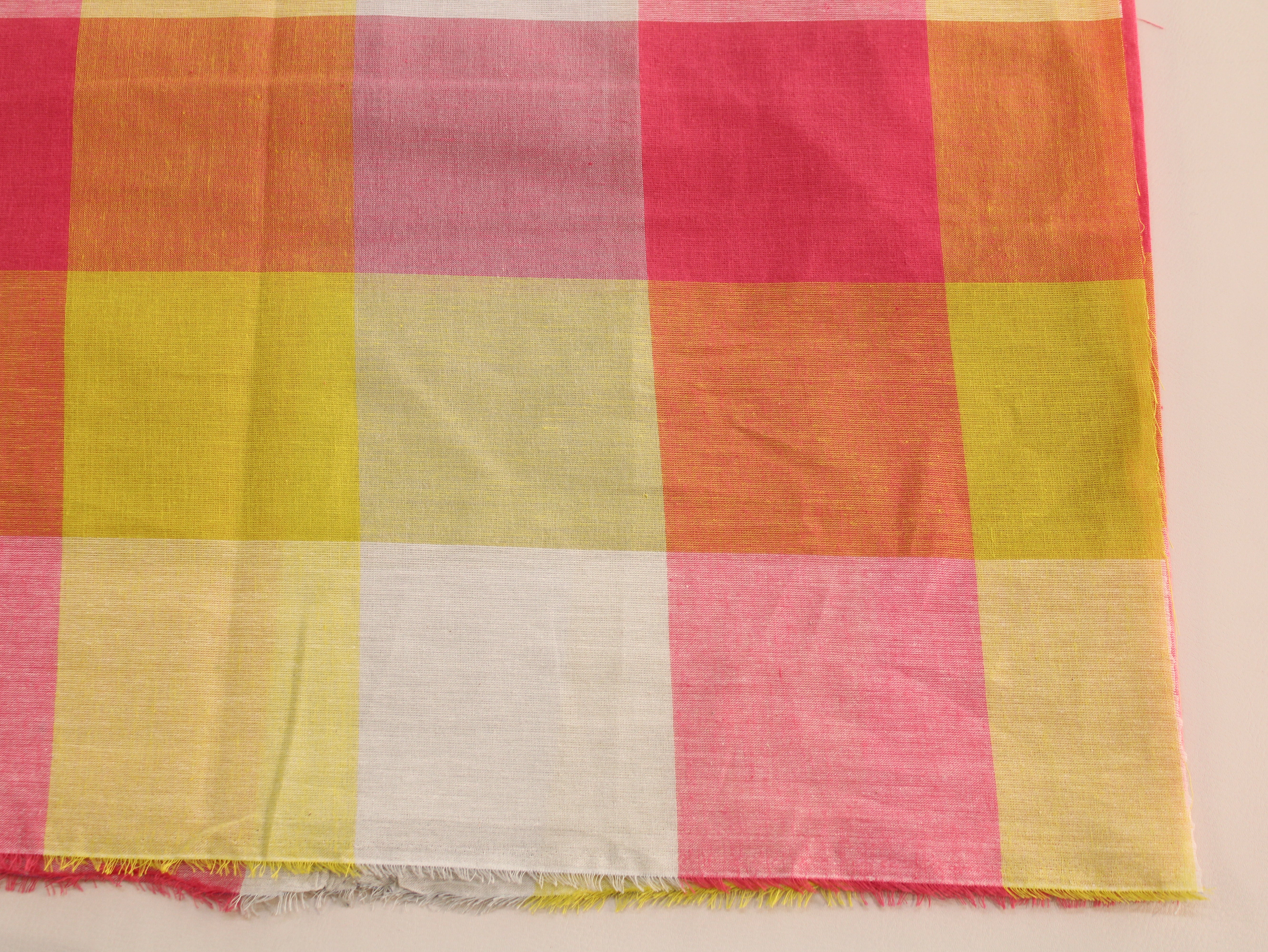 Handloom Madras Kattam Check Fabric | Pink Yellow Orange White | 60 Inch | Non-Washed | 100 GSM | 4x4 Inch Checks