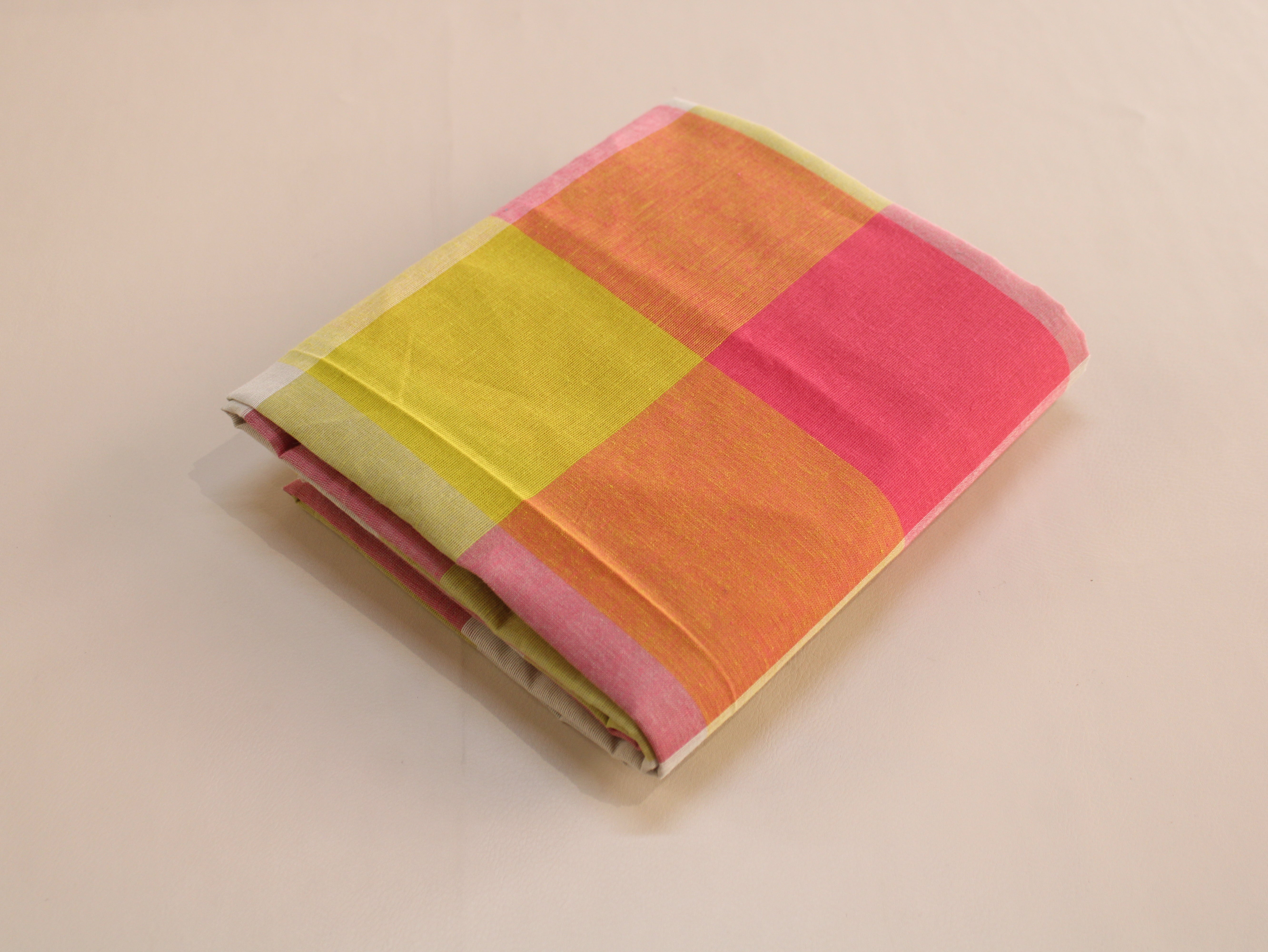 Handloom Madras Kattam Check Fabric | Pink Yellow Orange White | 60 Inch | Non-Washed | 100 GSM | 4x4 Inch Checks