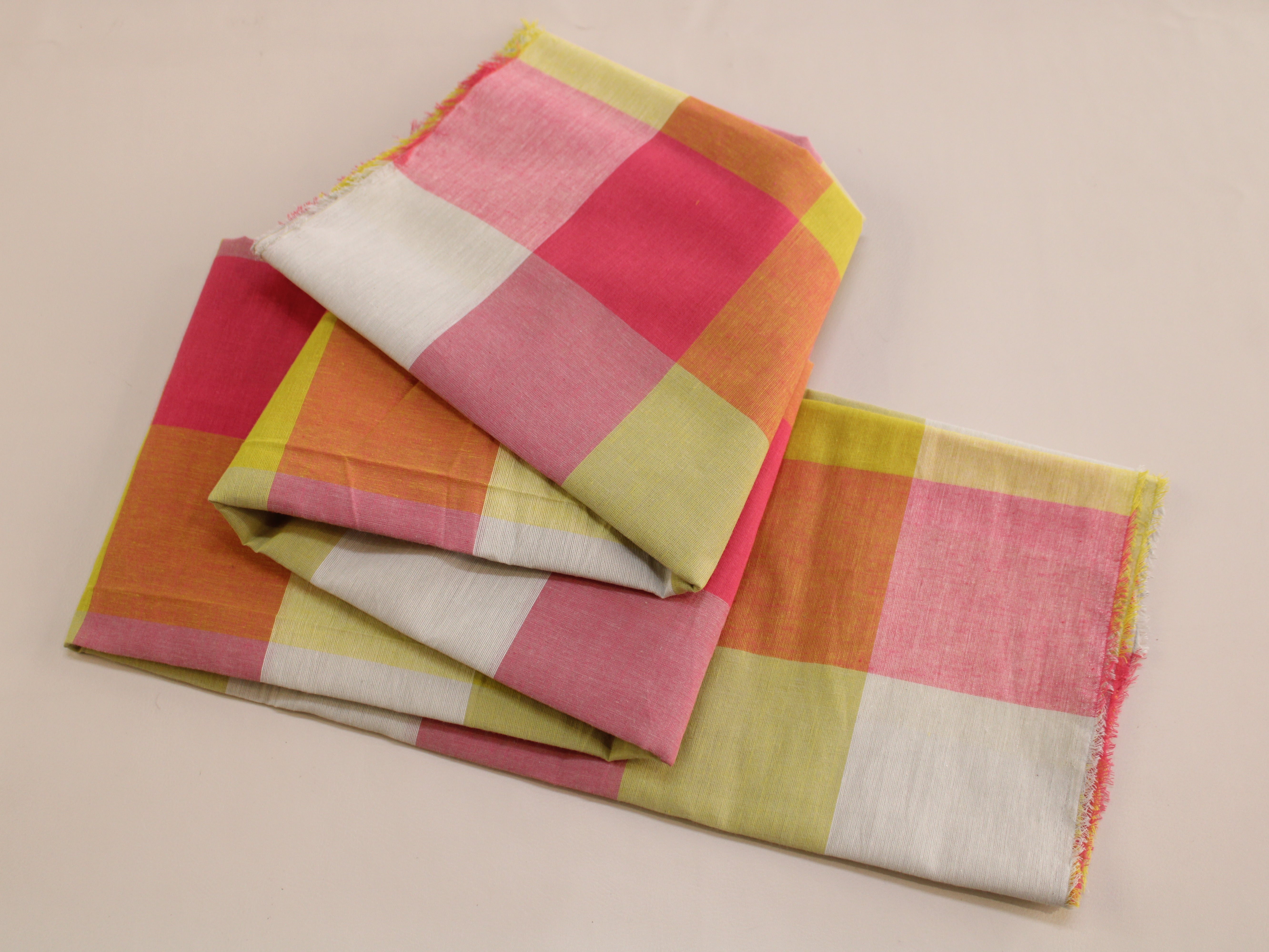 Handloom Madras Kattam Check Fabric | Pink Yellow Orange White | 60 Inch | Non-Washed | 100 GSM | 4x4 Inch Checks