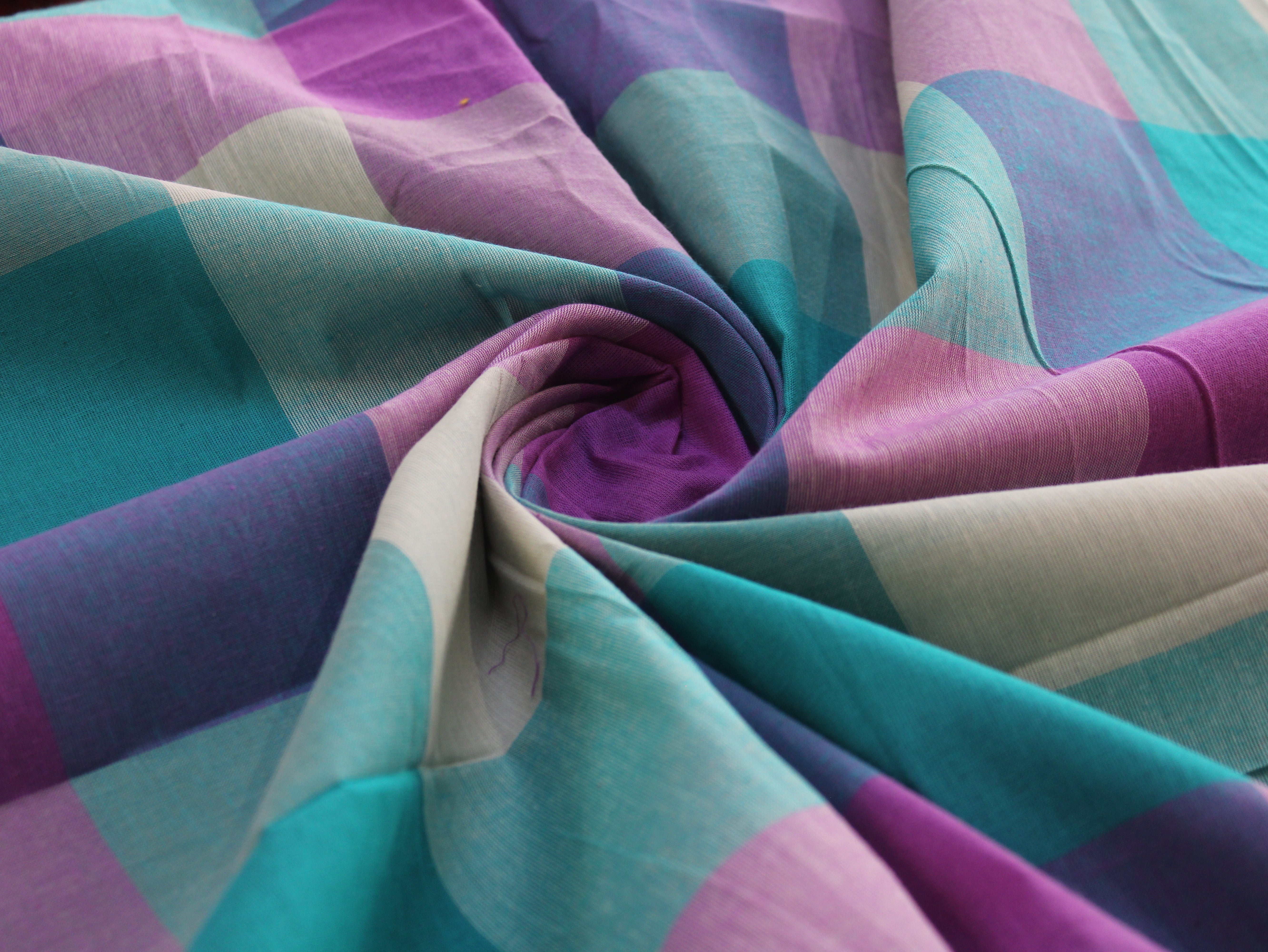 Handloom Madras Kattam Check Fabric | Aqua Blue Purple White | 60 Inch | Non-Washed | 100 GSM | 4x4 Inch Checks