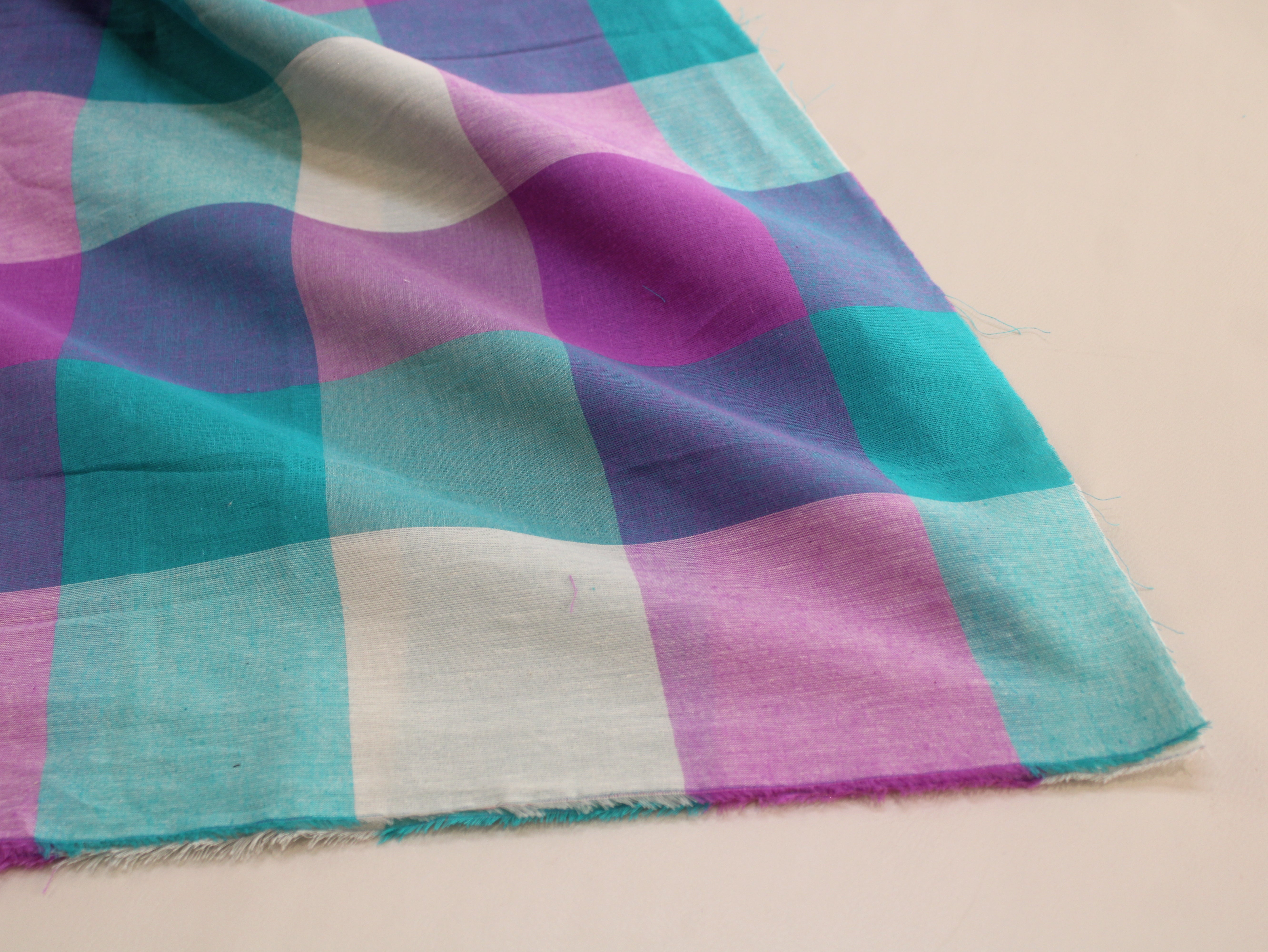Handloom Madras Kattam Check Fabric | Aqua Blue Purple White | 60 Inch | Non-Washed | 100 GSM | 4x4 Inch Checks