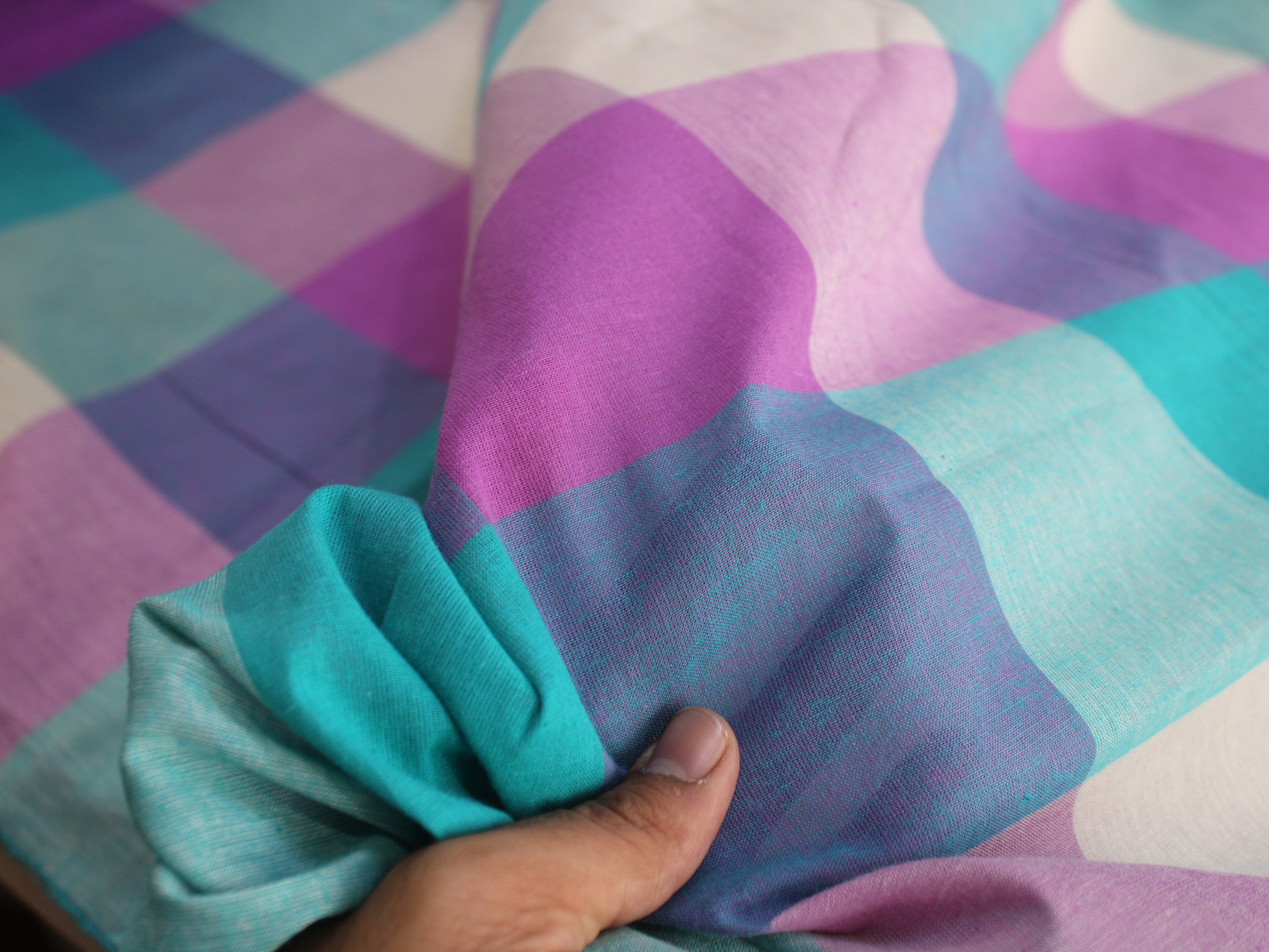 Handloom Madras Kattam Check Fabric | Aqua Blue Purple White | 60 Inch | Non-Washed | 100 GSM | 4x4 Inch Checks