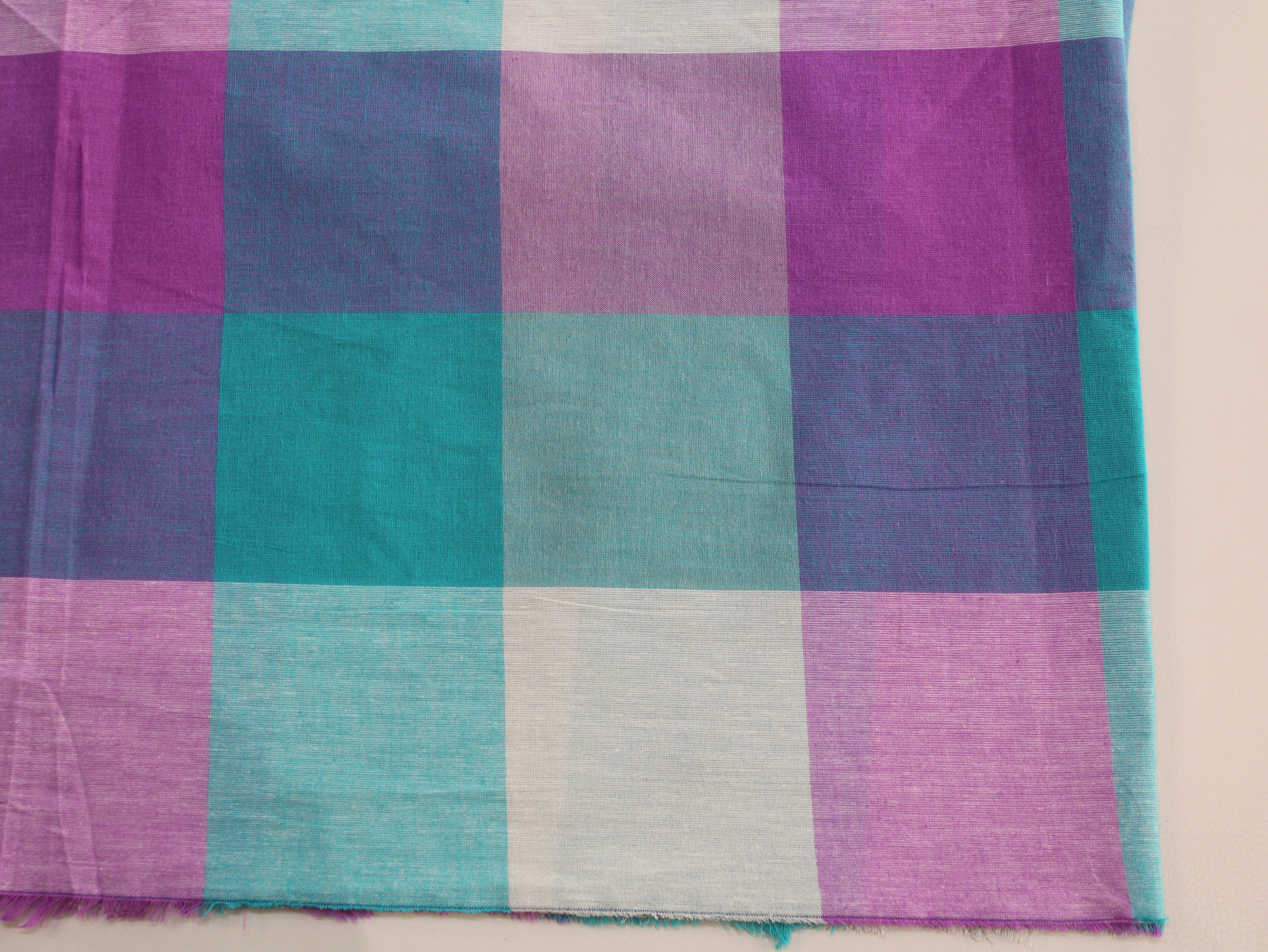 Handloom Madras Kattam Check Fabric | Aqua Blue Purple White | 60 Inch | Non-Washed | 100 GSM | 4x4 Inch Checks