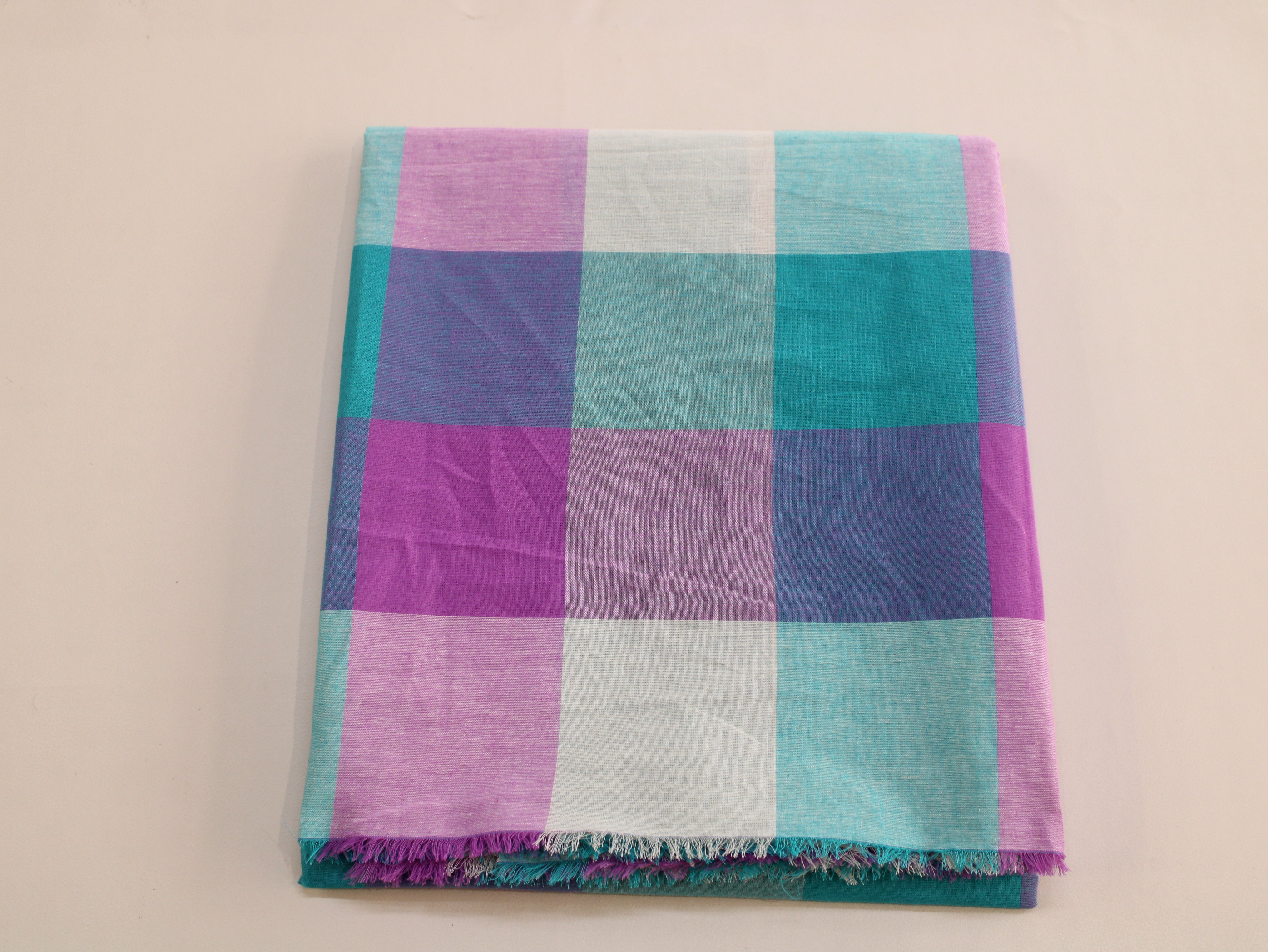 Handloom Madras Kattam Check Fabric | Aqua Blue Purple White | 60 Inch | Non-Washed | 100 GSM | 4x4 Inch Checks