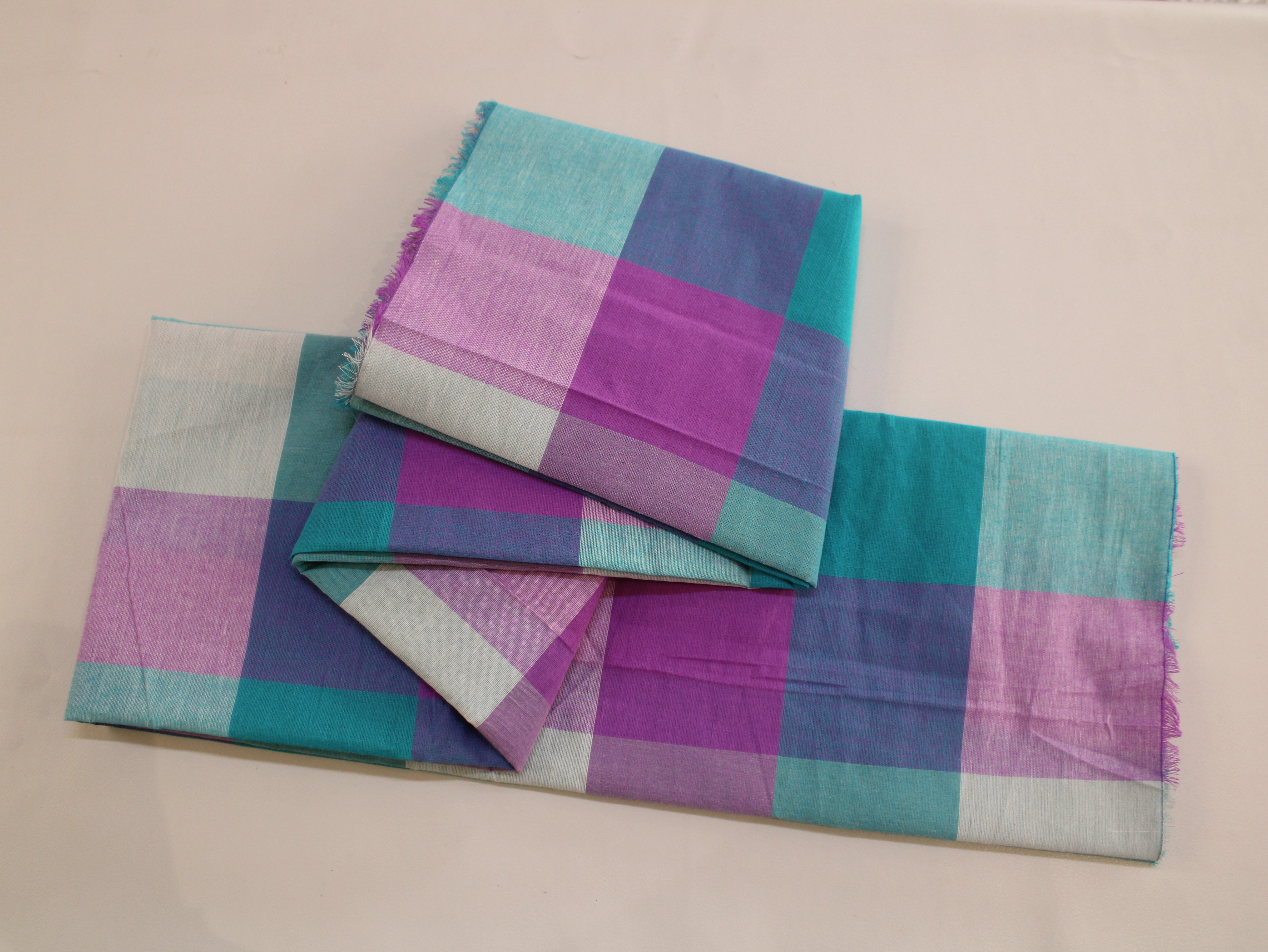 Handloom Madras Kattam Check Fabric | Aqua Blue Purple White | 60 Inch | Non-Washed | 100 GSM | 4x4 Inch Checks