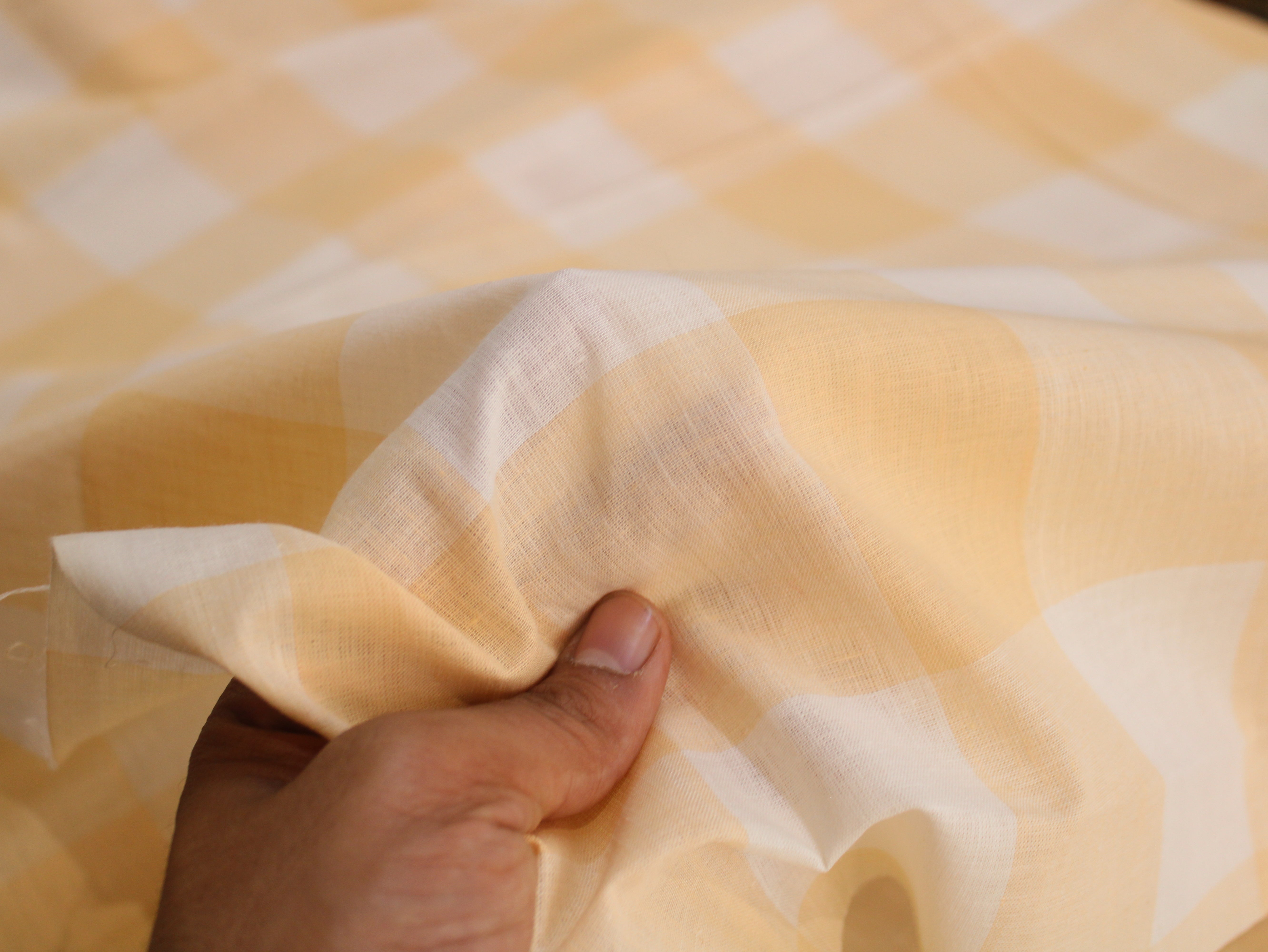 Cotton Yarn-Dyed Handloom Gingham Check Fabric | Yellow White | 44 Inch | Washed | 80 GSM