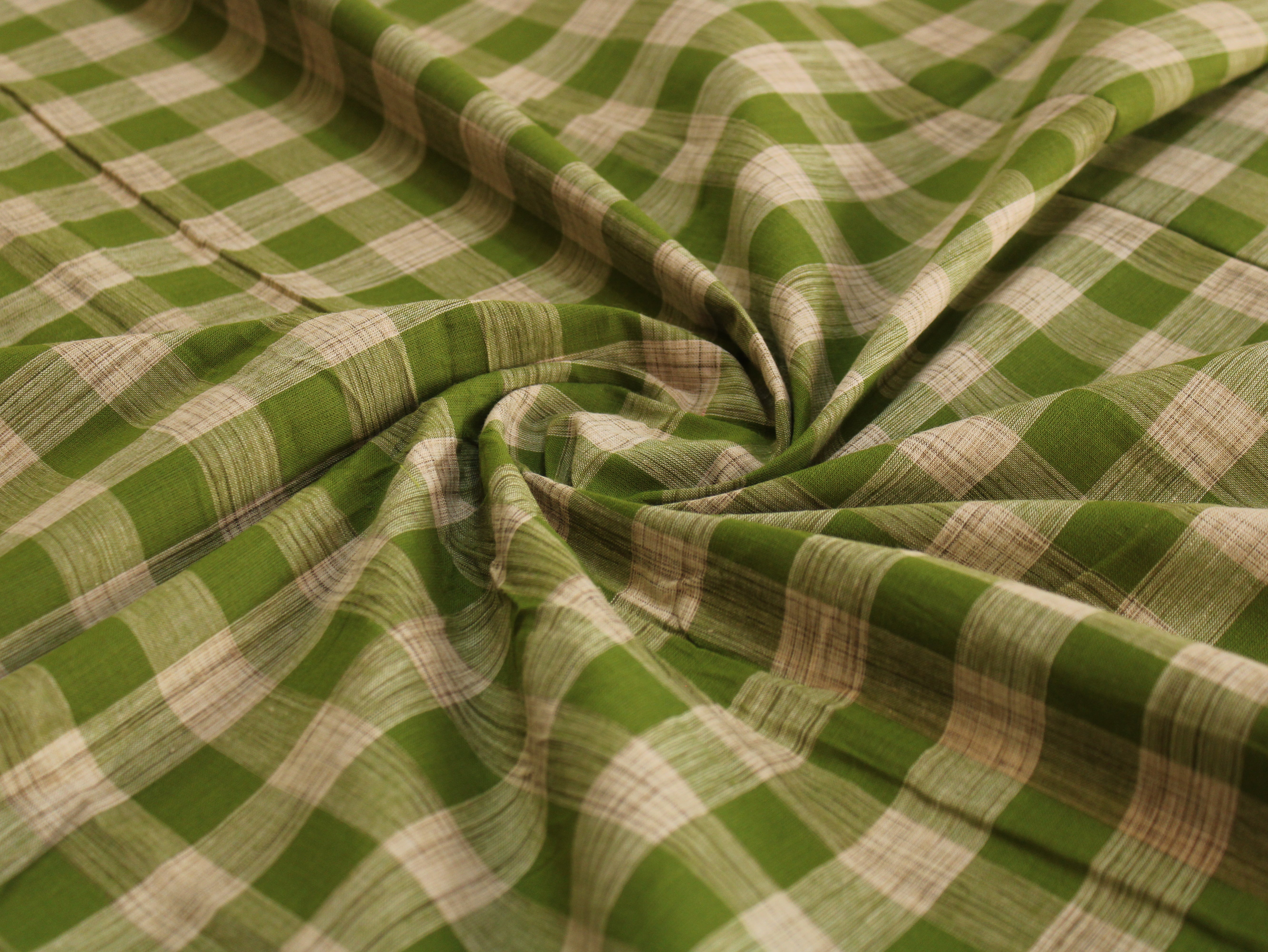 Pure Cotton Yarn-Dyed Handloom Gingham Check Fabric | Green Brown | 44 Inch | Washed | 100 GSM