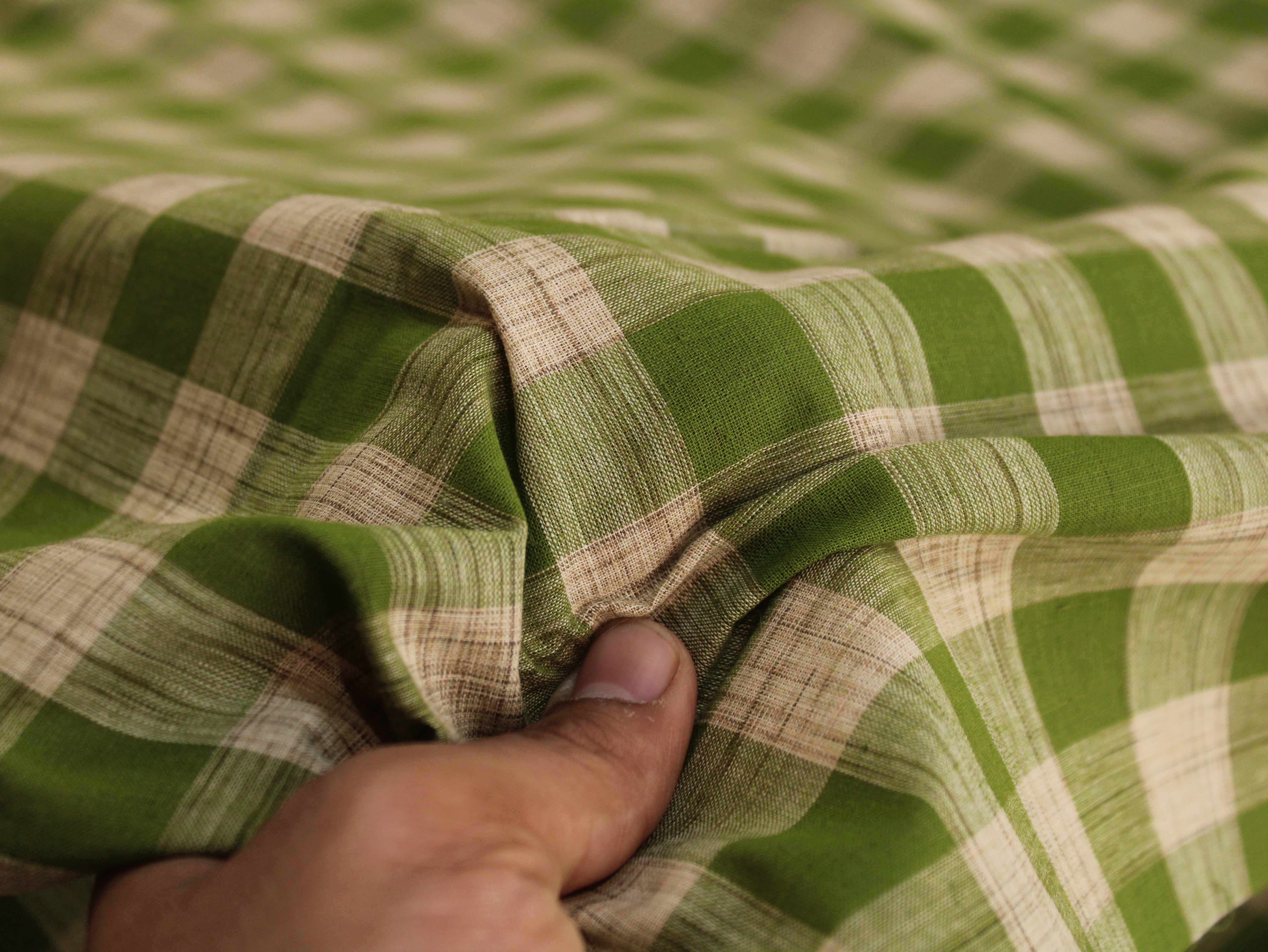 Pure Cotton Yarn-Dyed Handloom Gingham Check Fabric | Green Brown | 44 Inch | Washed | 100 GSM