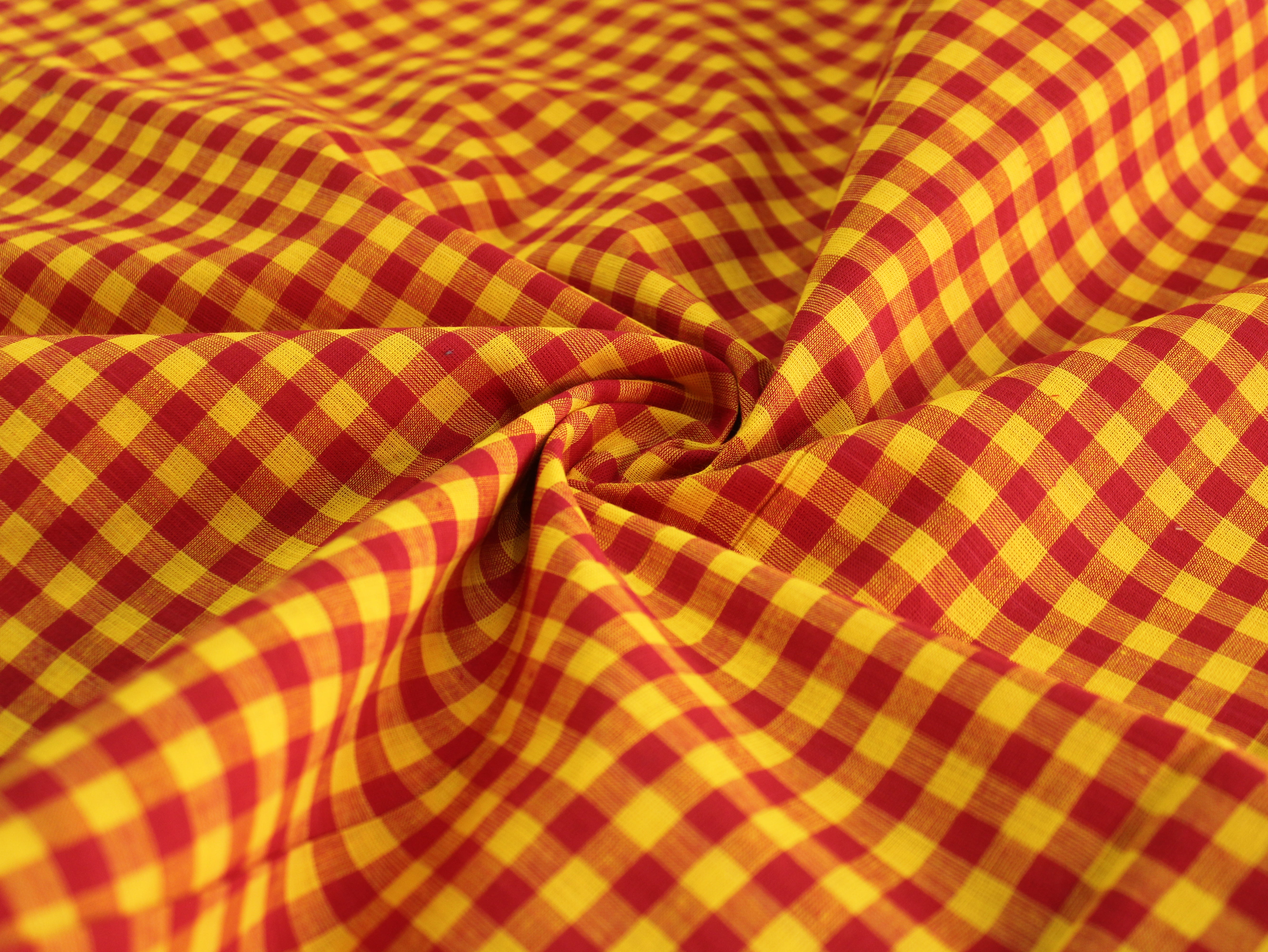 Pure Cotton Handloom Gingham Check Fabric | Red Yellow | 44 Inch | Non-Washed | 100 GSM