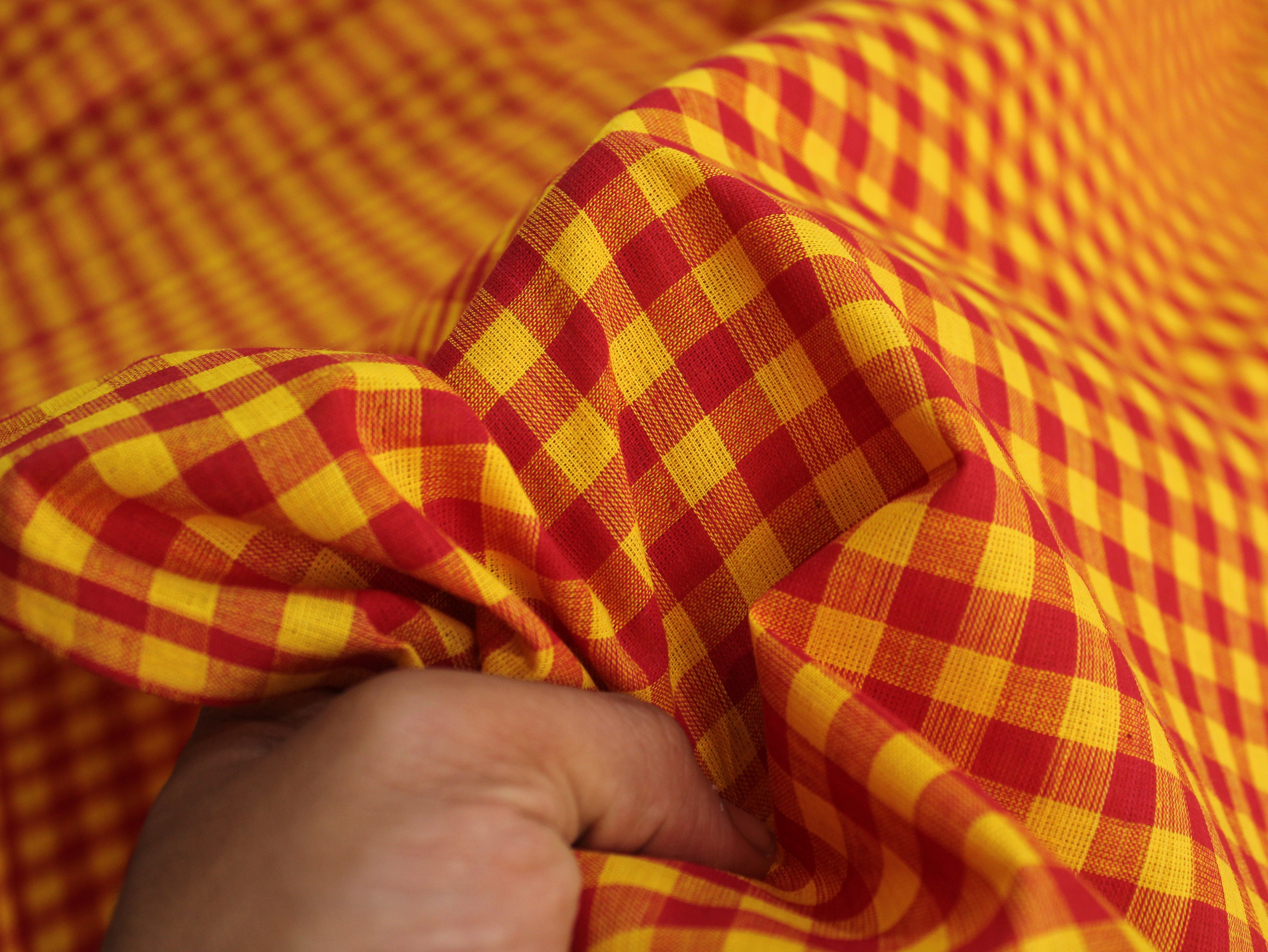 Pure Cotton Handloom Gingham Check Fabric | Red Yellow | 44 Inch | Non-Washed | 100 GSM