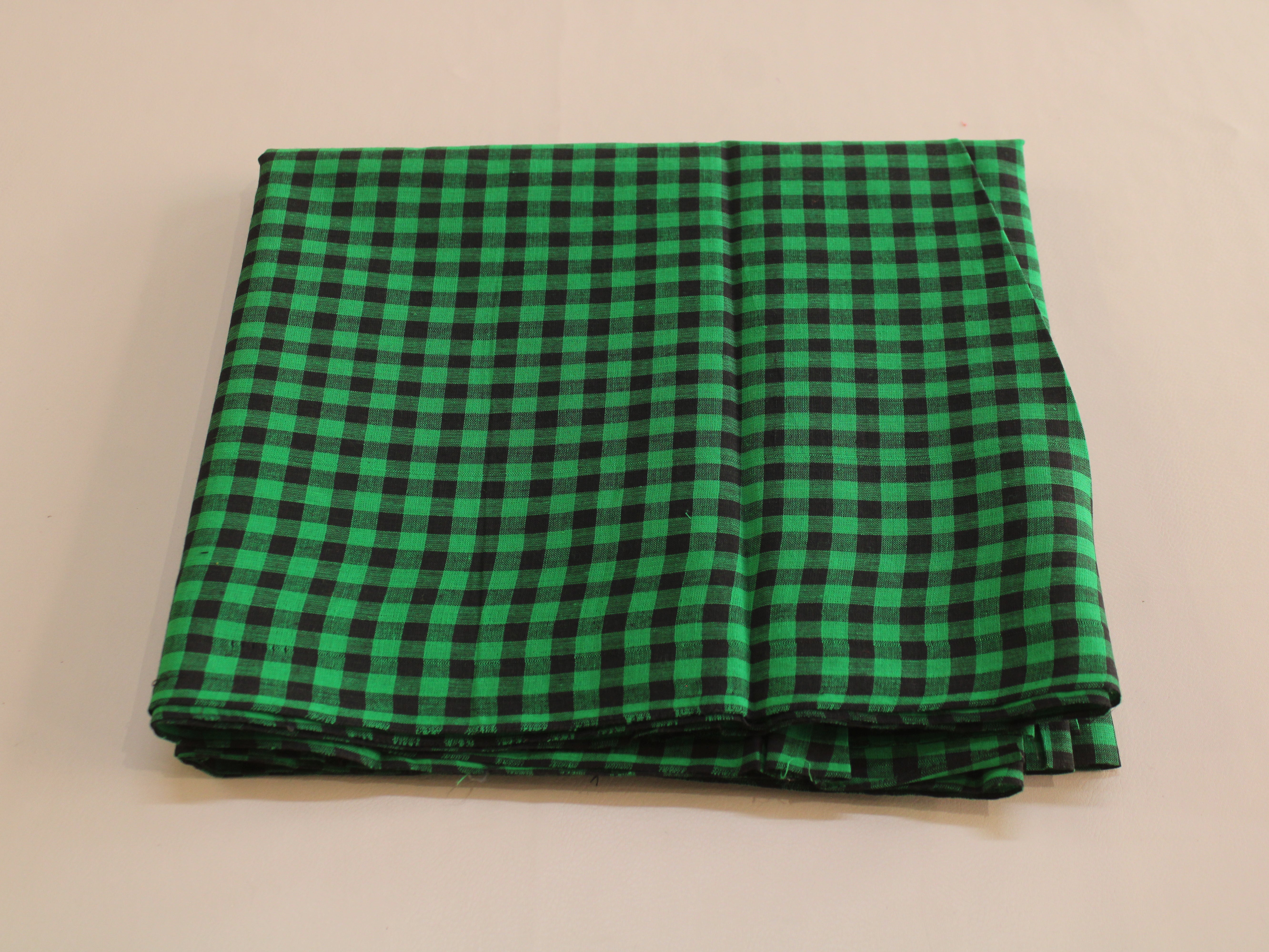 Pure Cotton Handloom Gingham Check Fabric | Green Black | 44 Inch | Non-Washed | 100 GSM