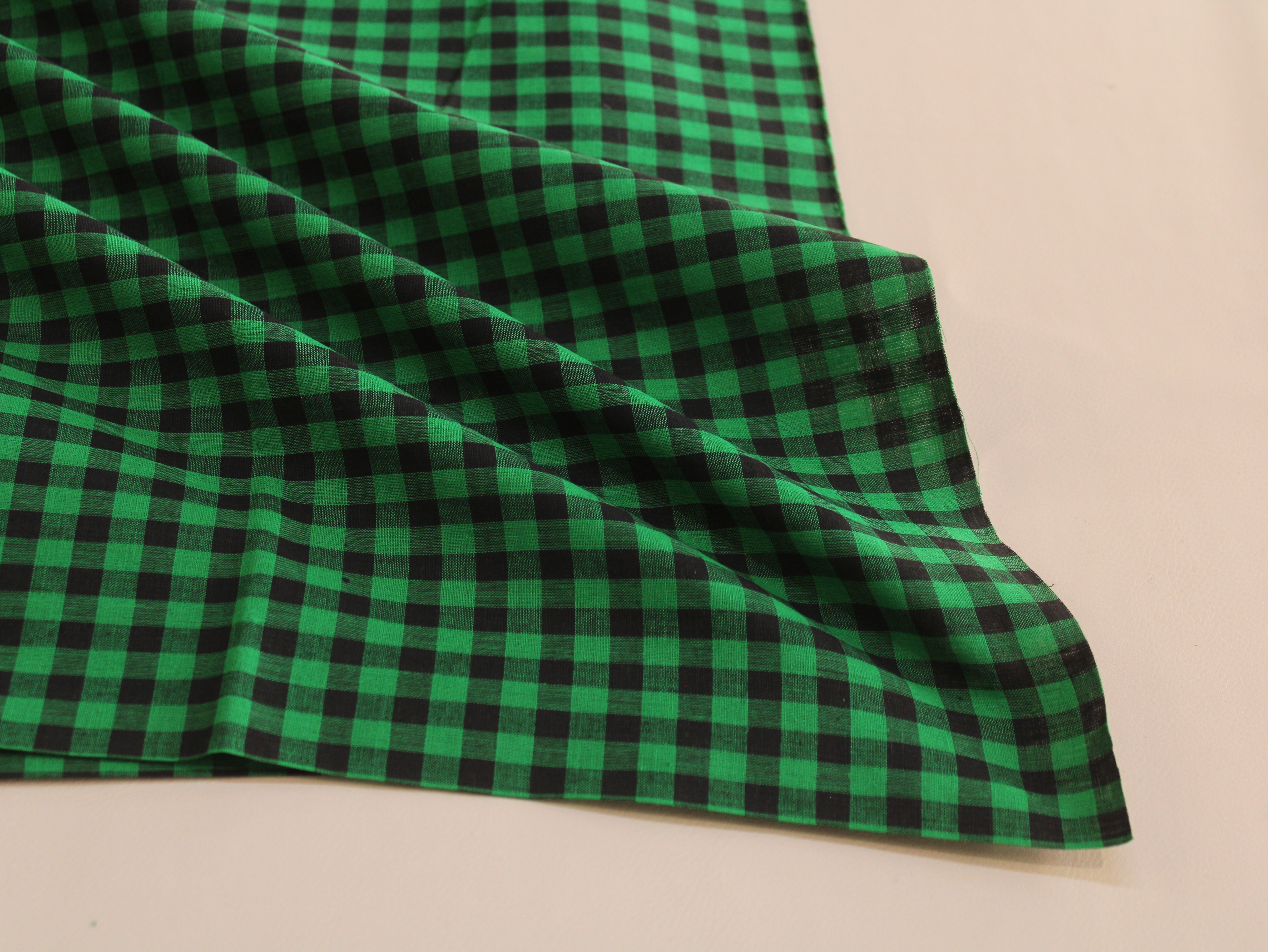 Pure Cotton Handloom Gingham Check Fabric | Green Black | 44 Inch | Non-Washed | 100 GSM