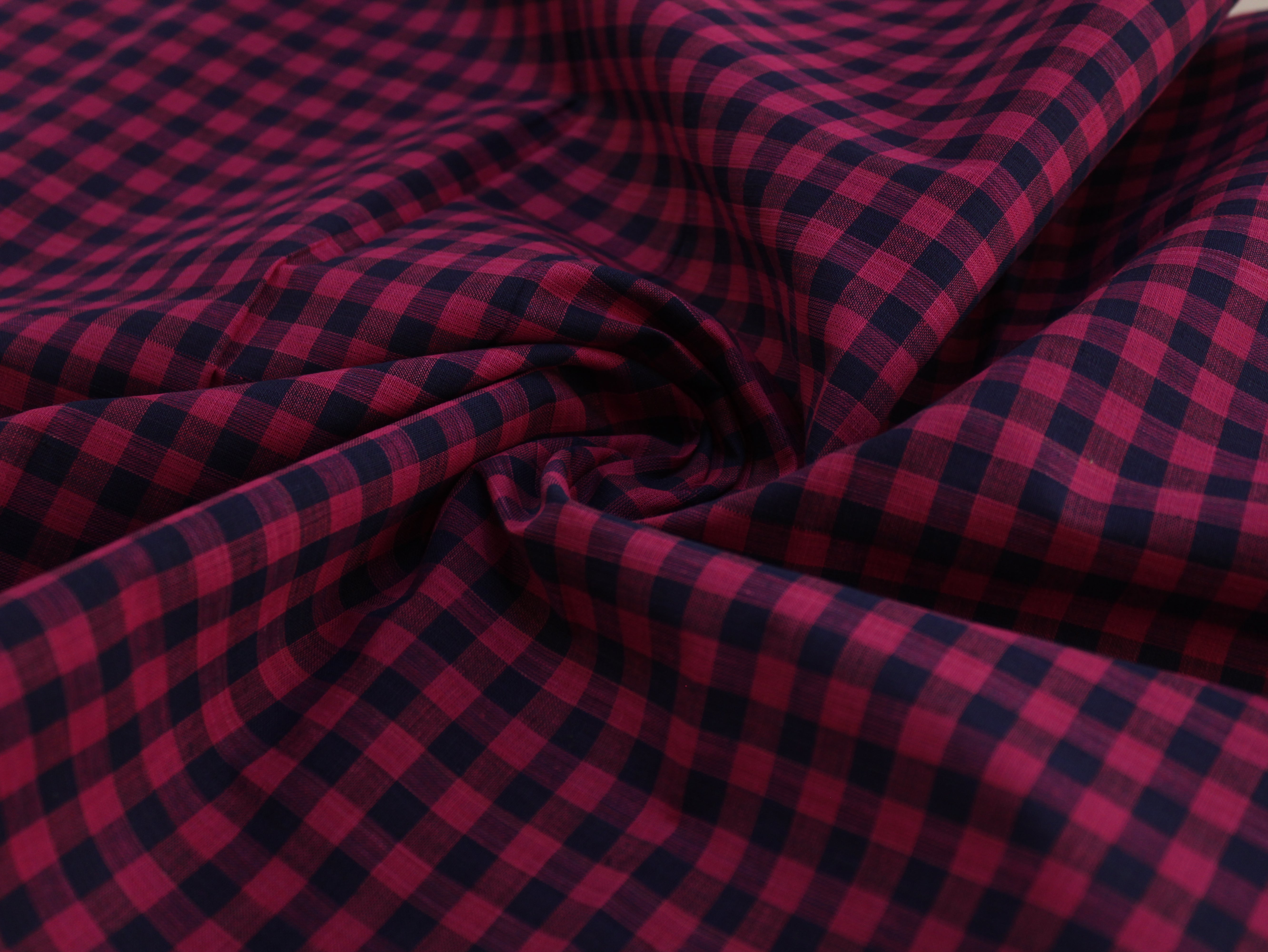 Pure Cotton Handloom Gingham Check Fabric | Pink Navy | 44 Inch | Non-Washed | 100 GSM