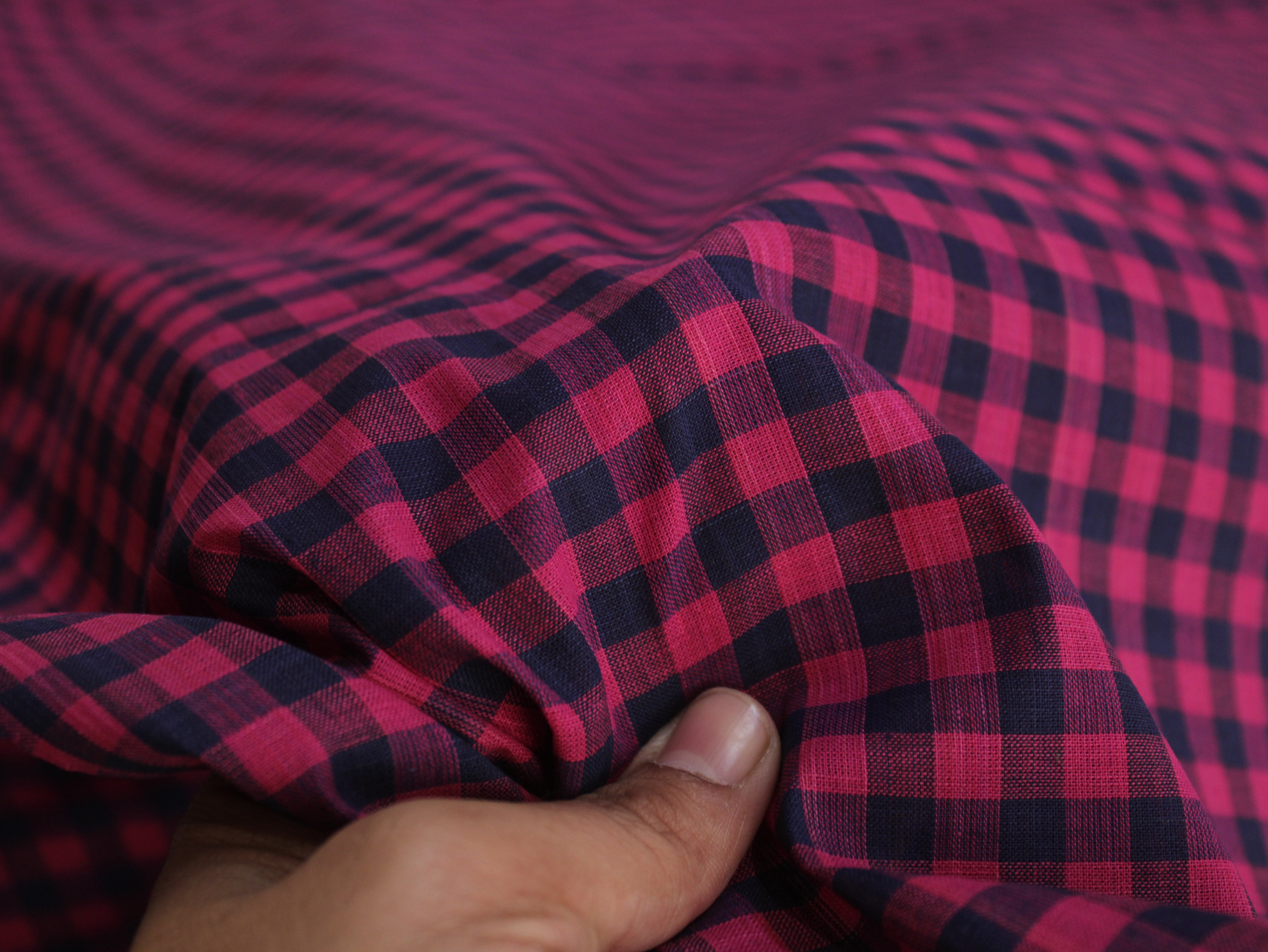 Pure Cotton Handloom Gingham Check Fabric | Pink Navy | 44 Inch | Non-Washed | 100 GSM