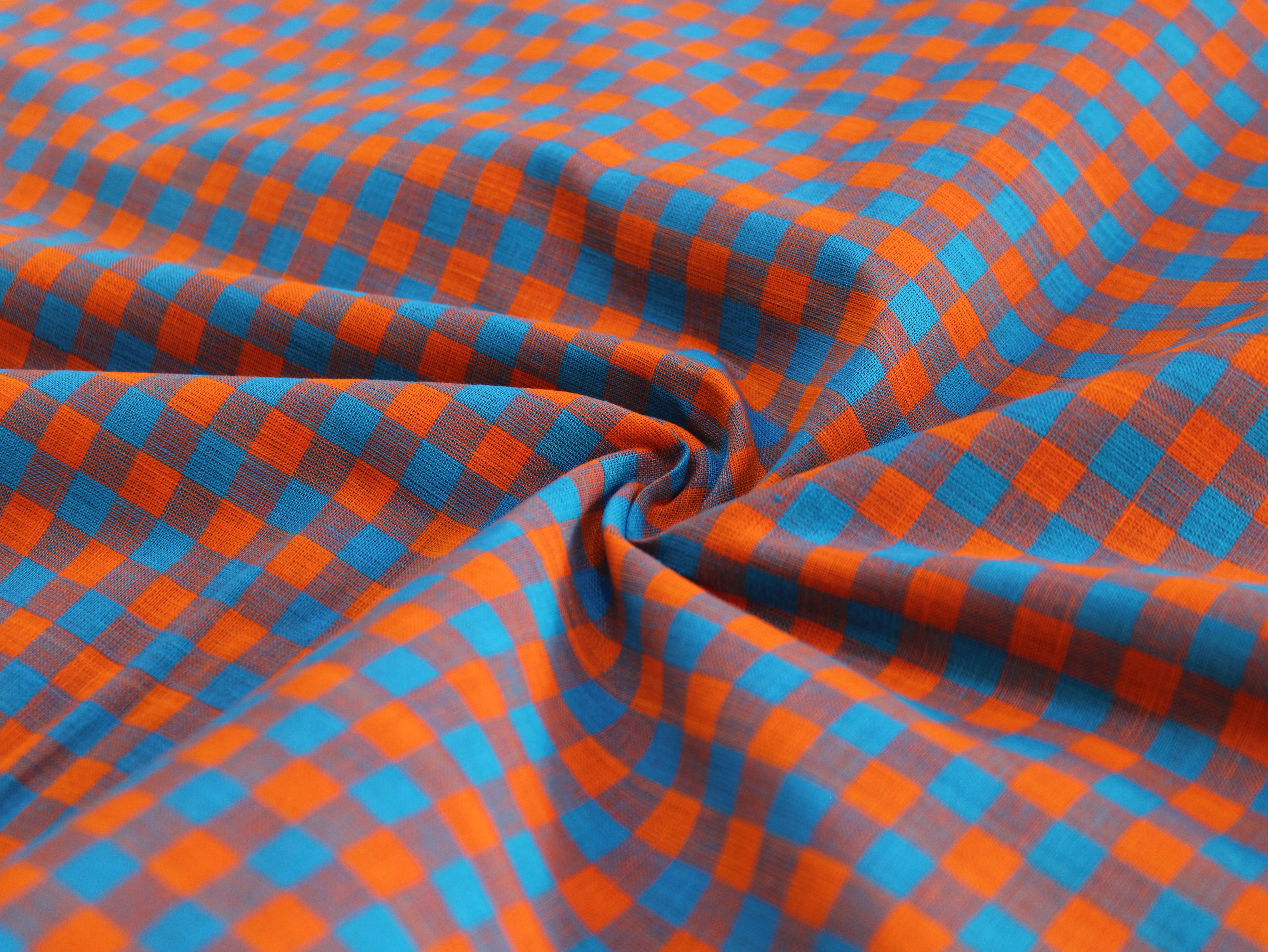 Pure Cotton Handloom Gingham Check Fabric | Blue Orange | 44 Inch | Non-Washed | 100 GSM
