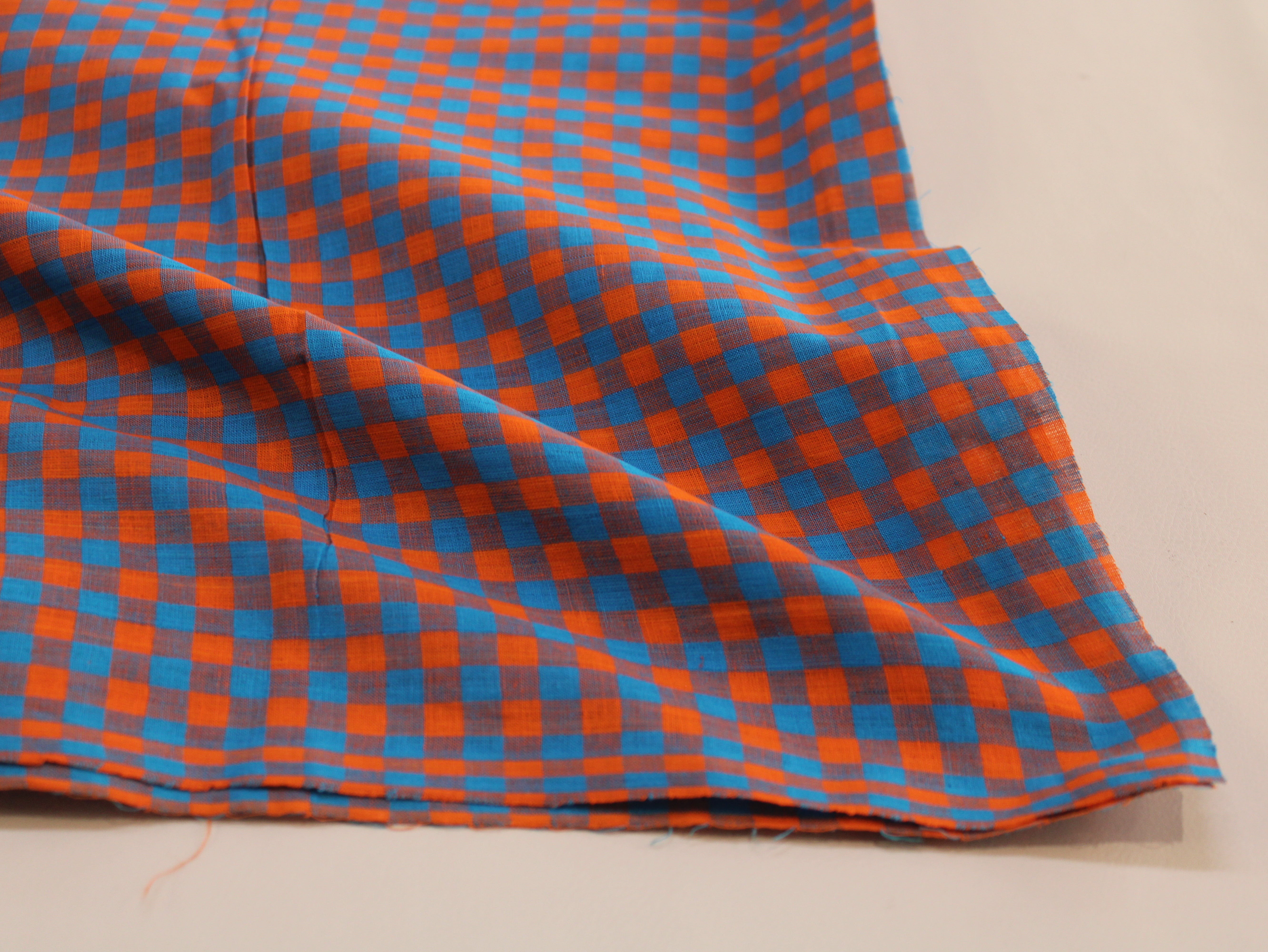 Pure Cotton Handloom Gingham Check Fabric | Blue Orange | 44 Inch | Non-Washed | 100 GSM
