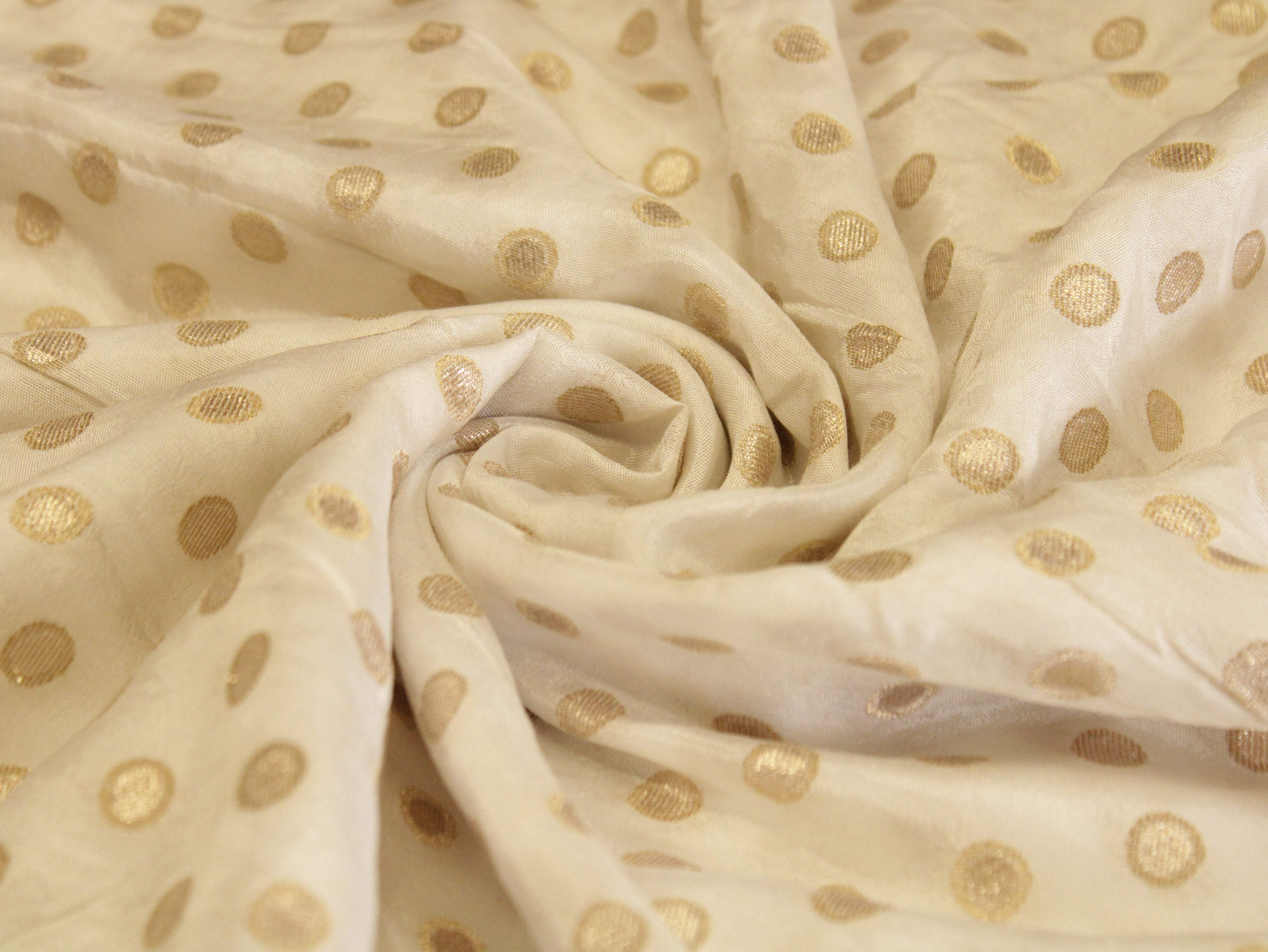 Polka Dots Zari Woven Dola Silk by M'Foks - White Dyeable - M'Foks