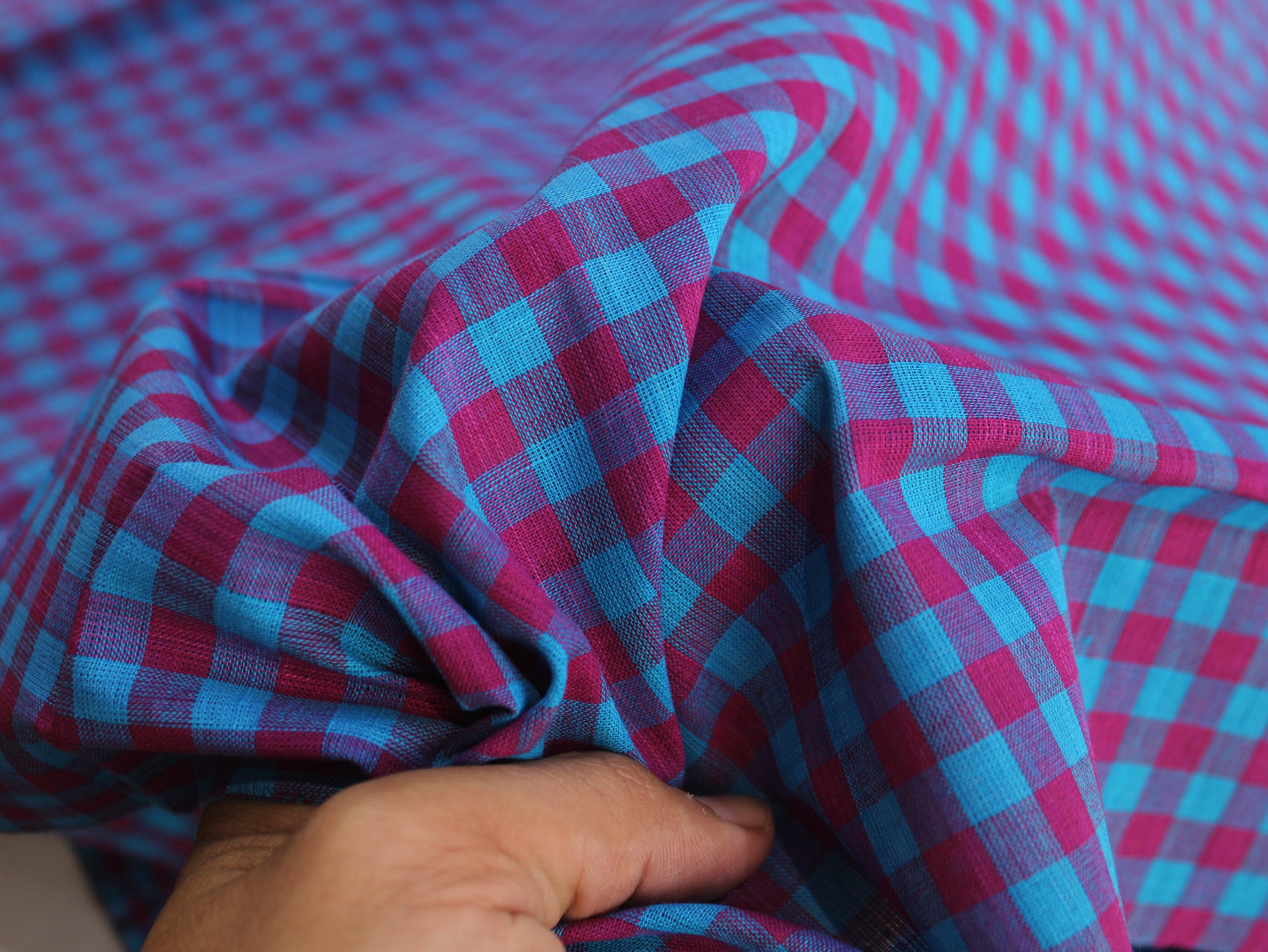 Pure Cotton Handloom Gingham Check Fabric | Pink Blue Purple | 44 Inch | Non-Washed | 100 GSM