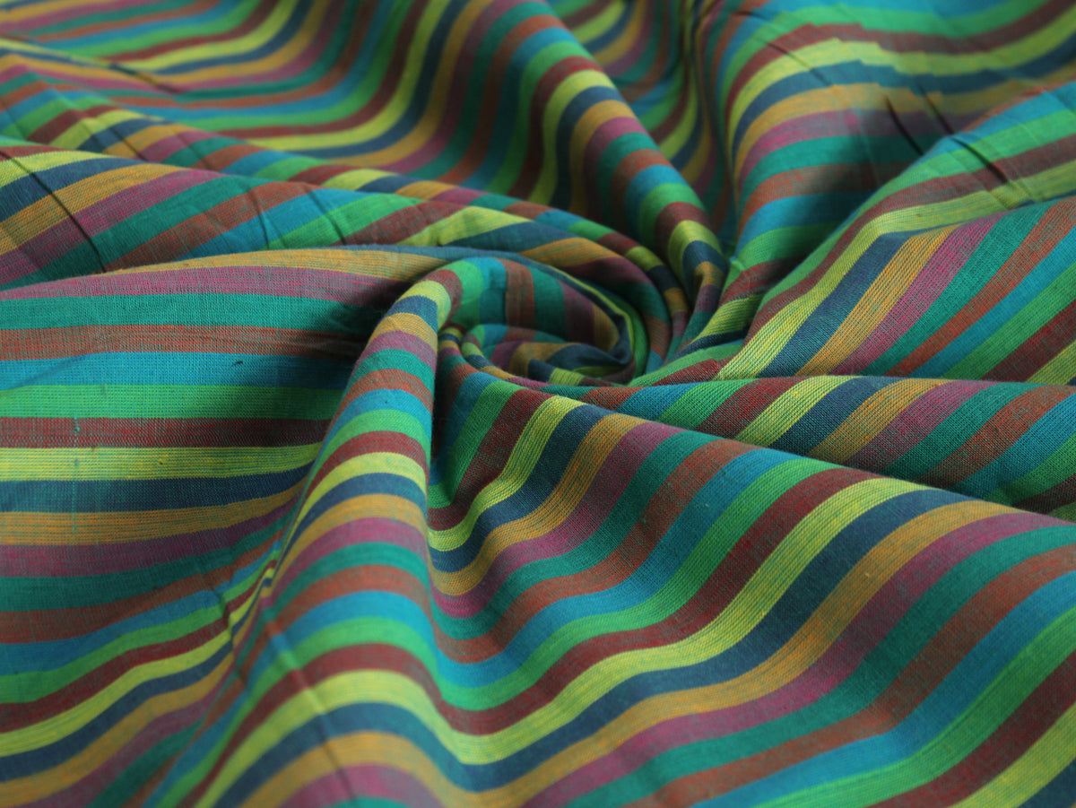 Pure Cotton Yarn-Dyed Handloom Multicolour Stripe Fabric | Green Blue Yellow | 44 Inch | Non-Washed | 80 GSM
