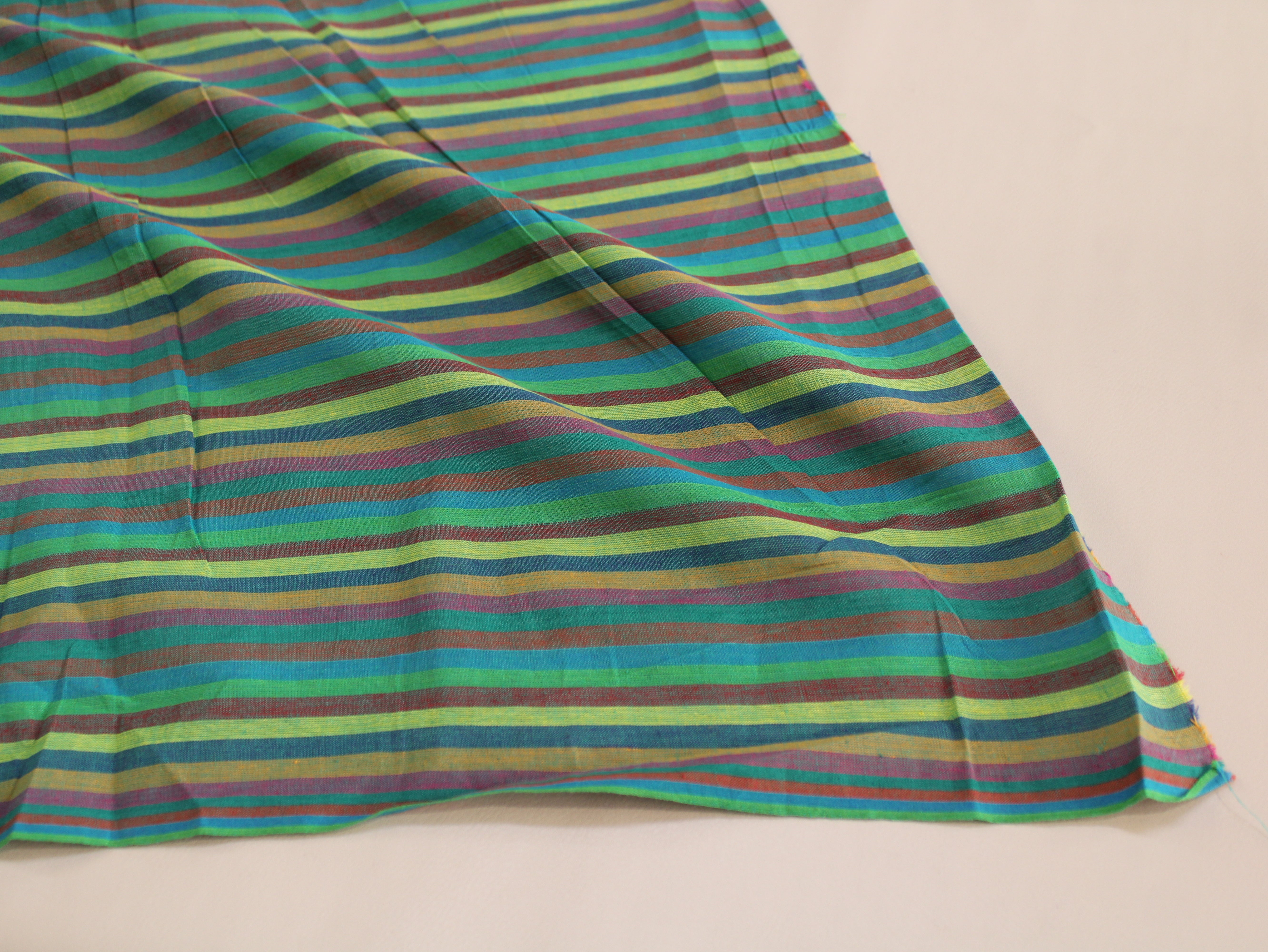 Pure Cotton Yarn-Dyed Handloom Multicolour Stripe Fabric | Green Blue Yellow | 44 Inch | Non-Washed | 80 GSM