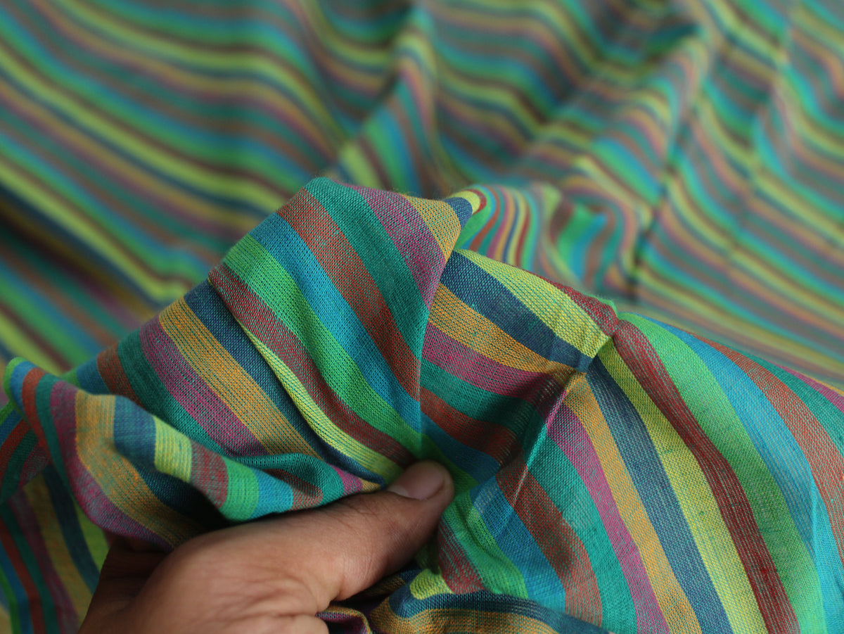 Pure Cotton Yarn-Dyed Handloom Multicolour Stripe Fabric | Green Blue Yellow | 44 Inch | Non-Washed | 80 GSM