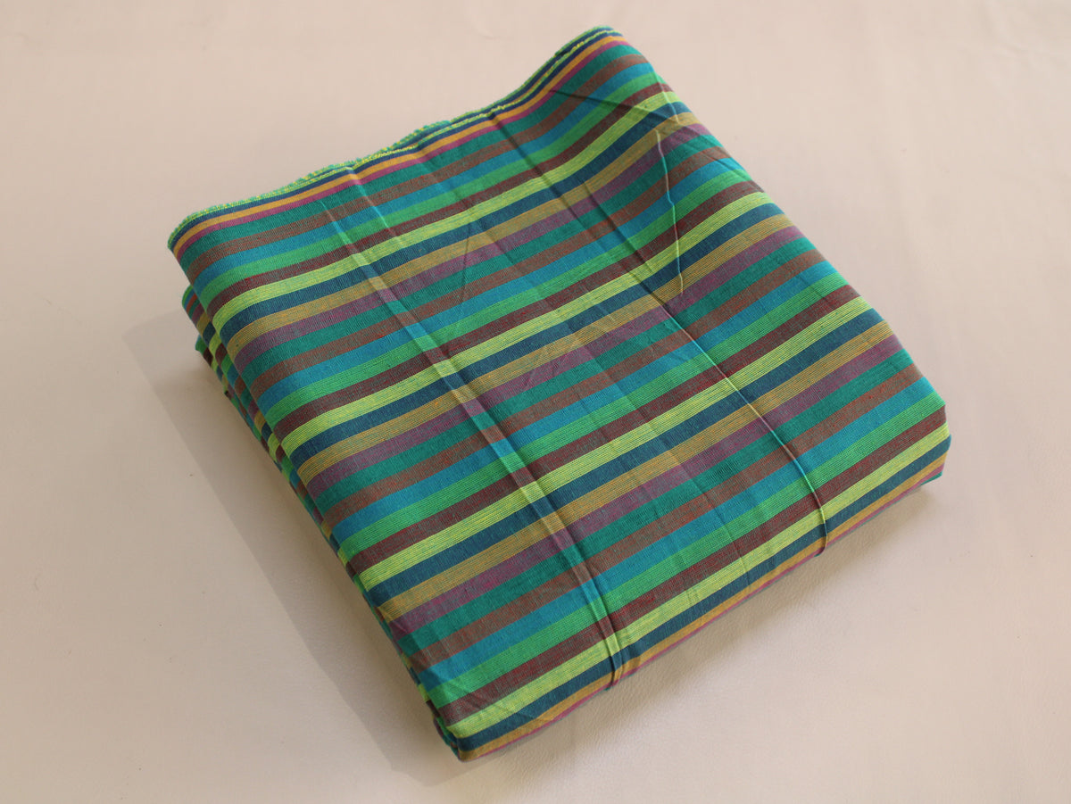 Pure Cotton Yarn-Dyed Handloom Multicolour Stripe Fabric | Green Blue Yellow | 44 Inch | Non-Washed | 80 GSM
