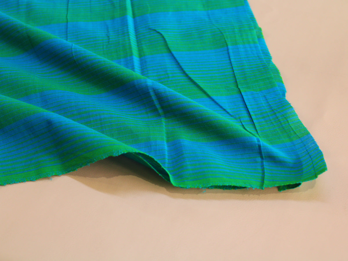 Pure Cotton Yarn-Dyed Handloom Stripe Fabric | Blue Green | 44 Inch | Non-Washed | 80 GSM