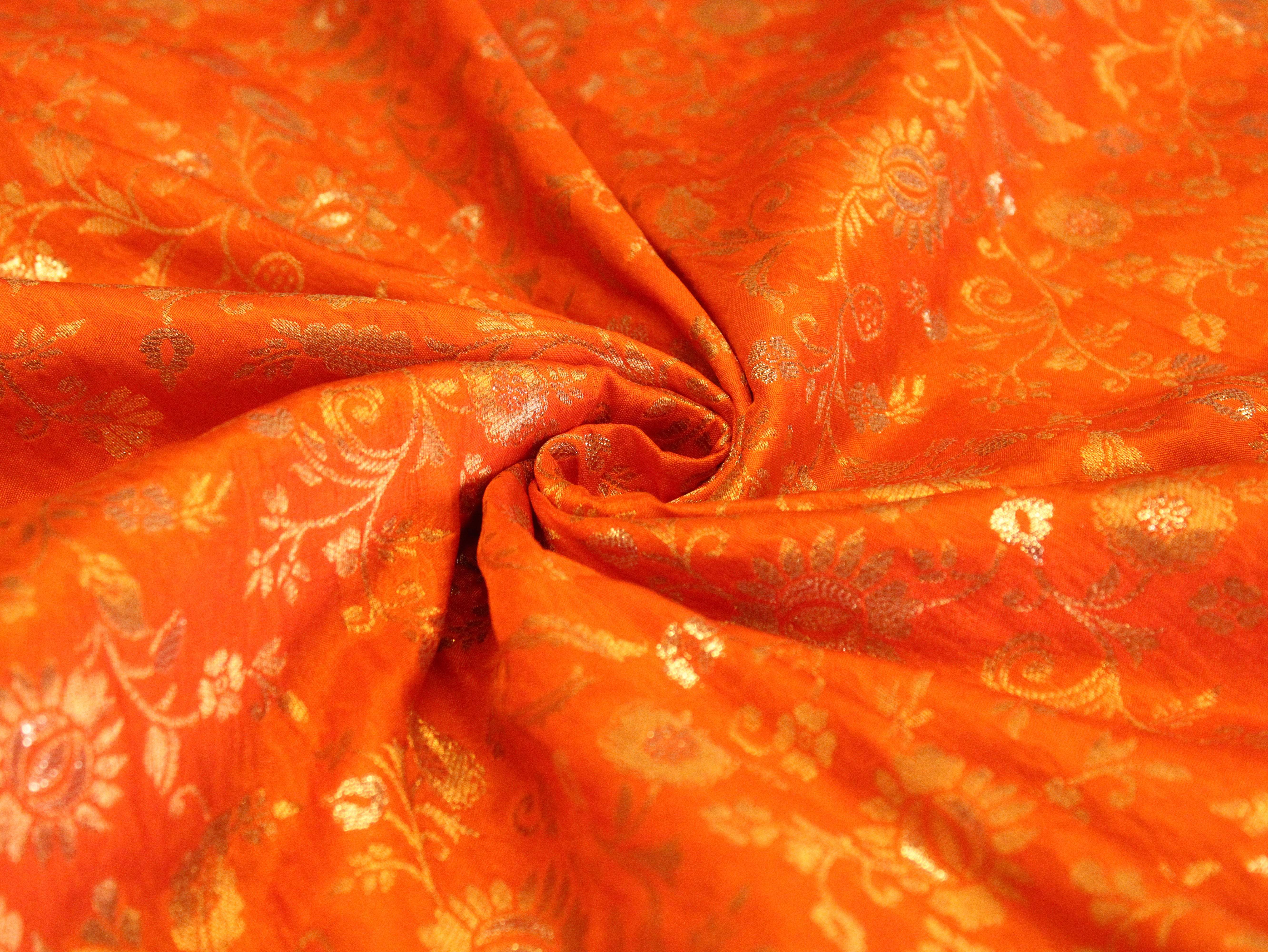 Banarasi Floral Brocade Fabric - Orange - M'Foks
