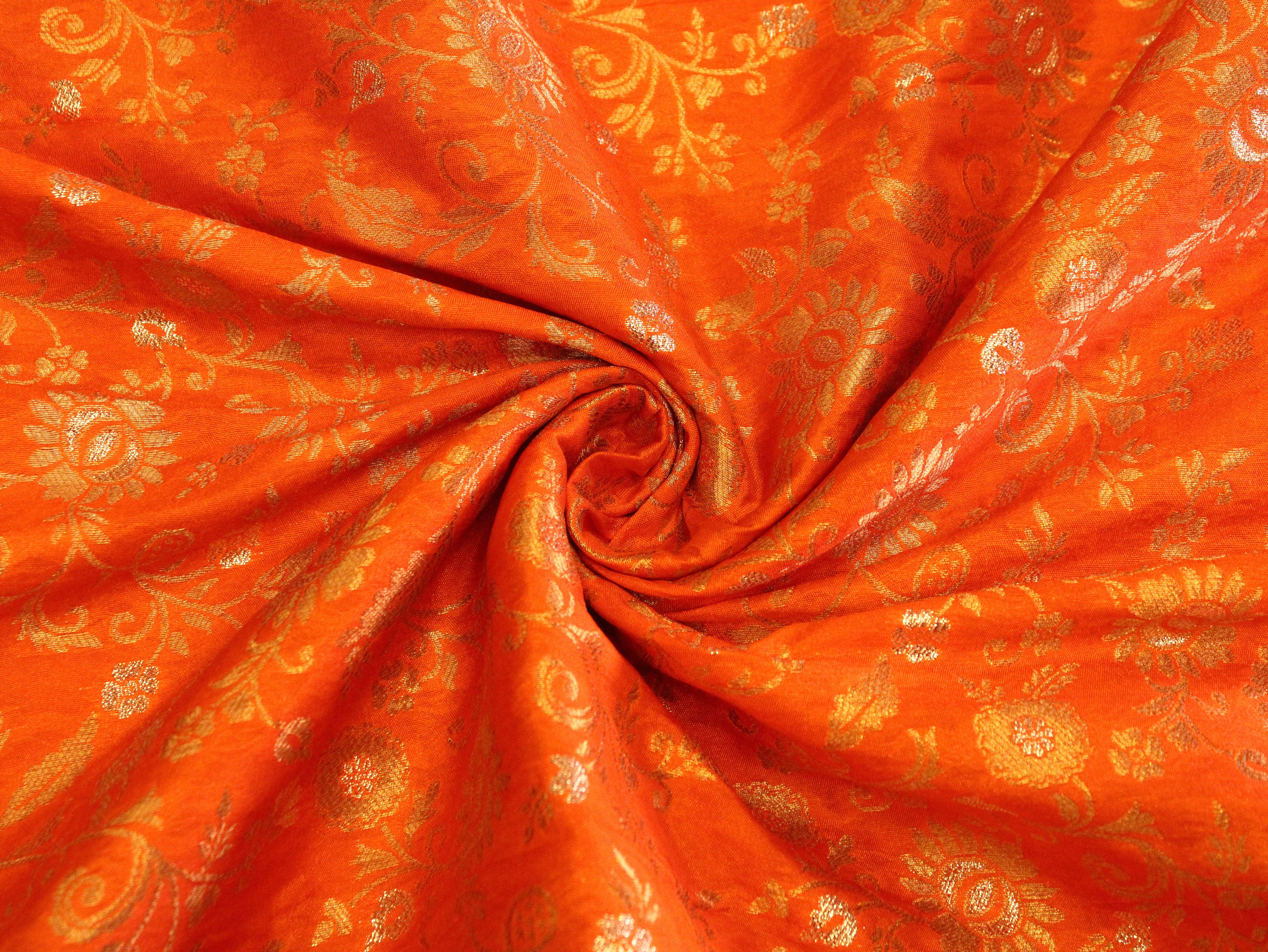 Banarasi Floral Brocade Fabric - Orange - M'Foks