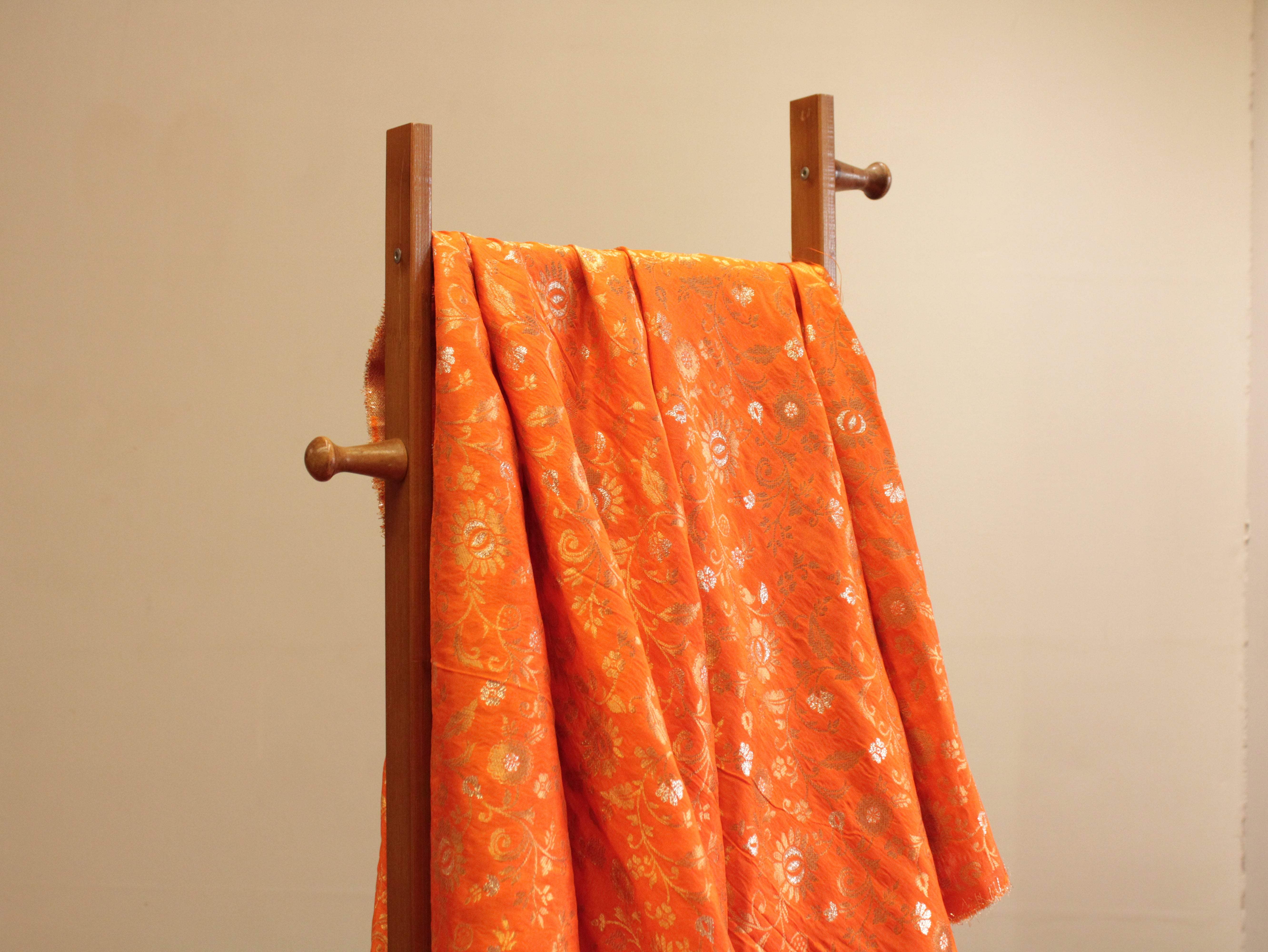 Banarasi Floral Brocade Fabric - Orange - M'Foks
