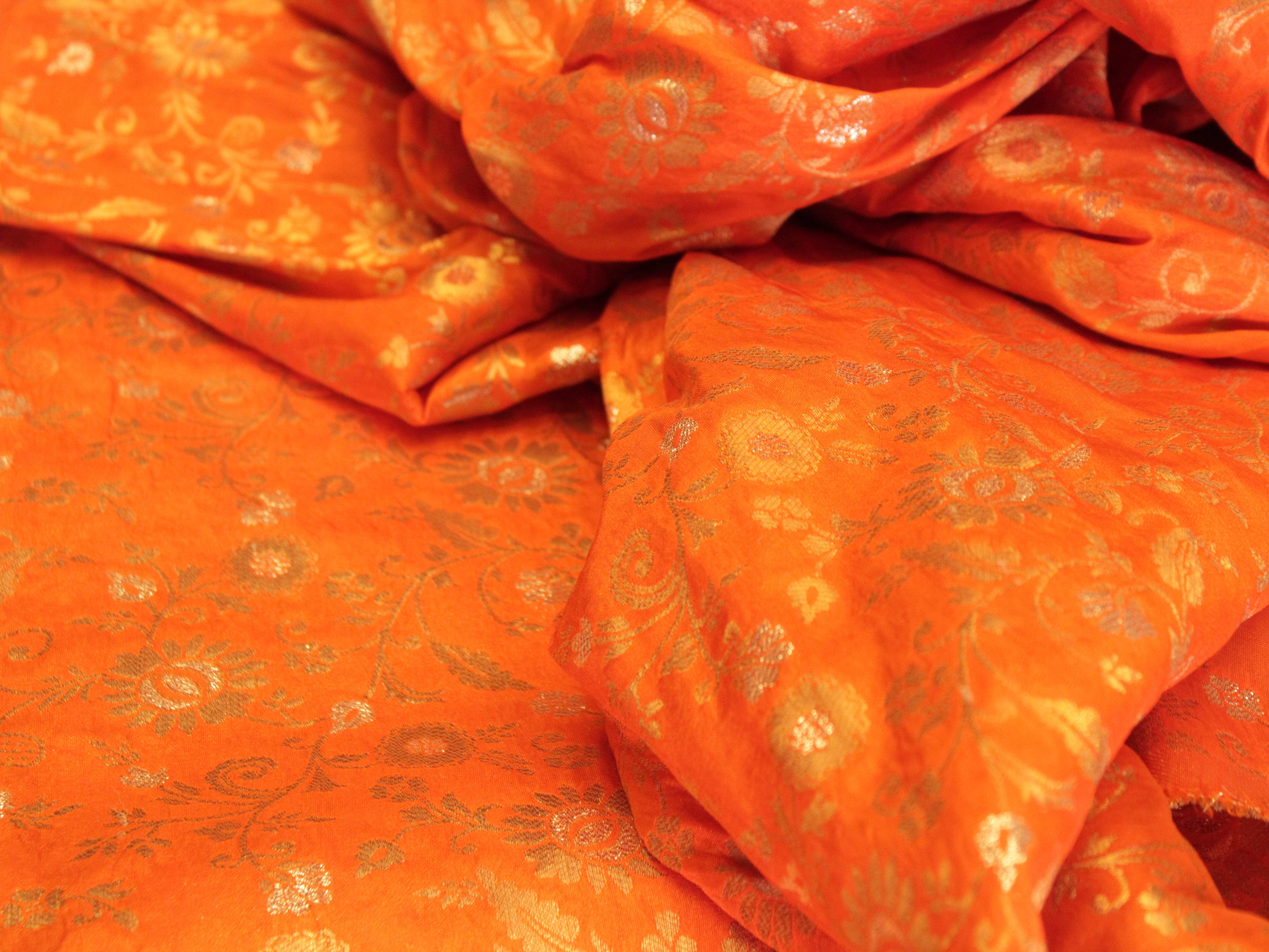 Banarasi Floral Brocade Fabric - Orange - M'Foks