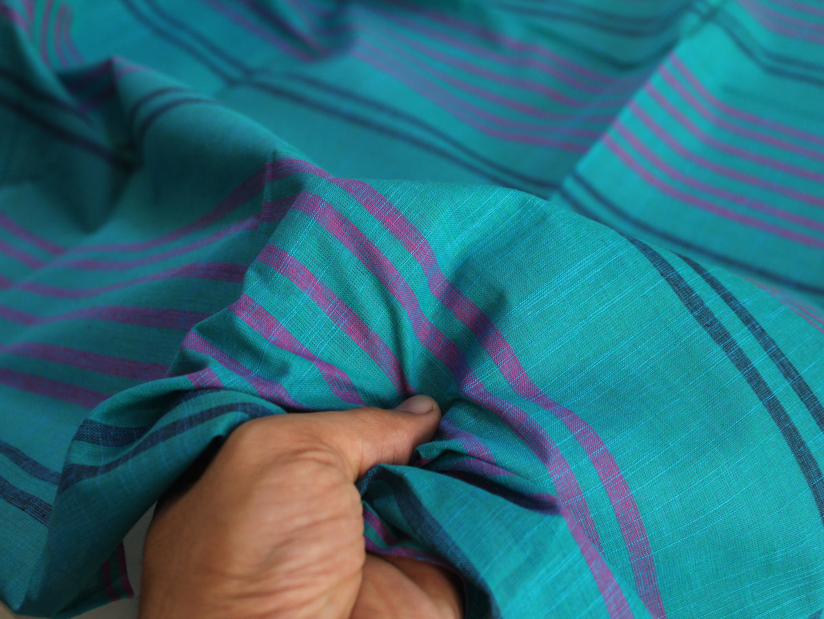 Pure Cotton Yarn-Dyed Handloom Multicolour Stripe Fabric | Blue Purple | 44 Inch | Non-Washed | 80 GSM